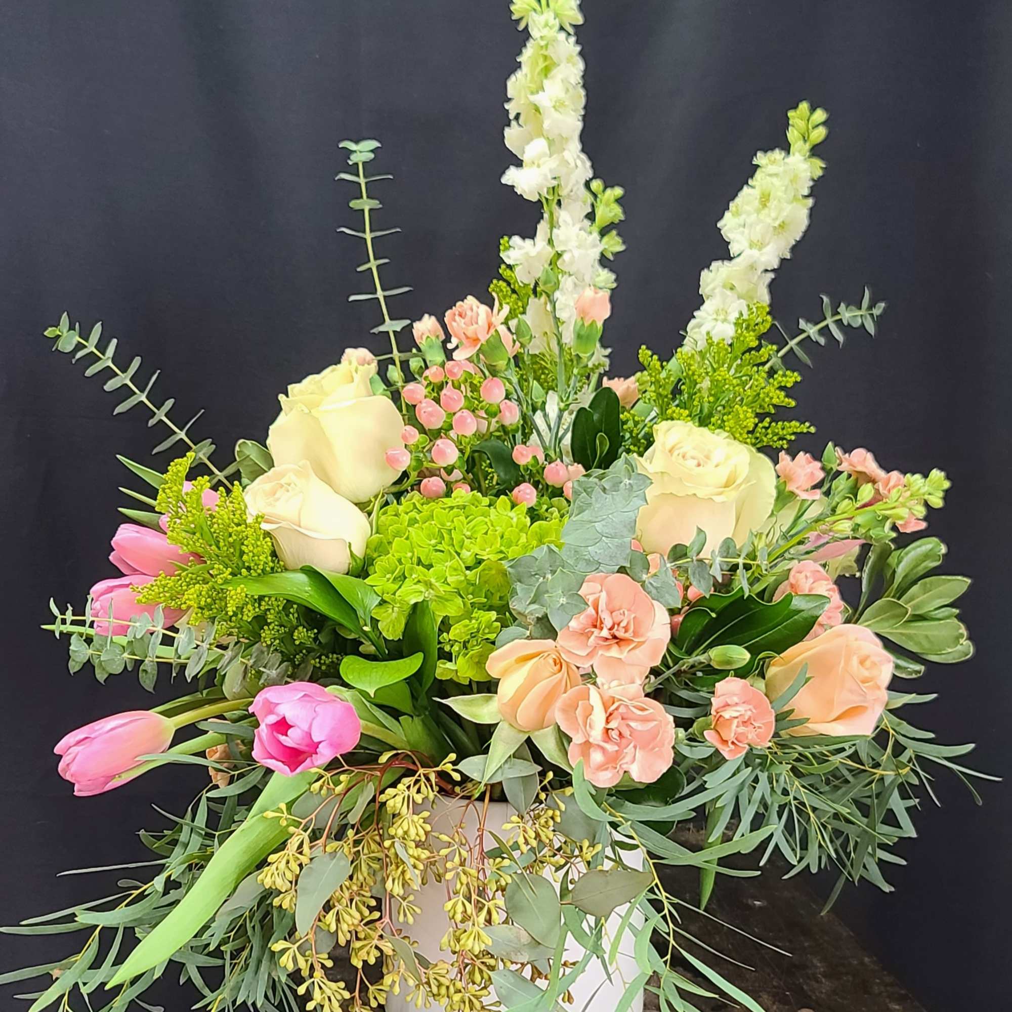 Stunning, lush eco-friendly arrangement of green Hydrangea, creamy roses, pink hypericum, pink