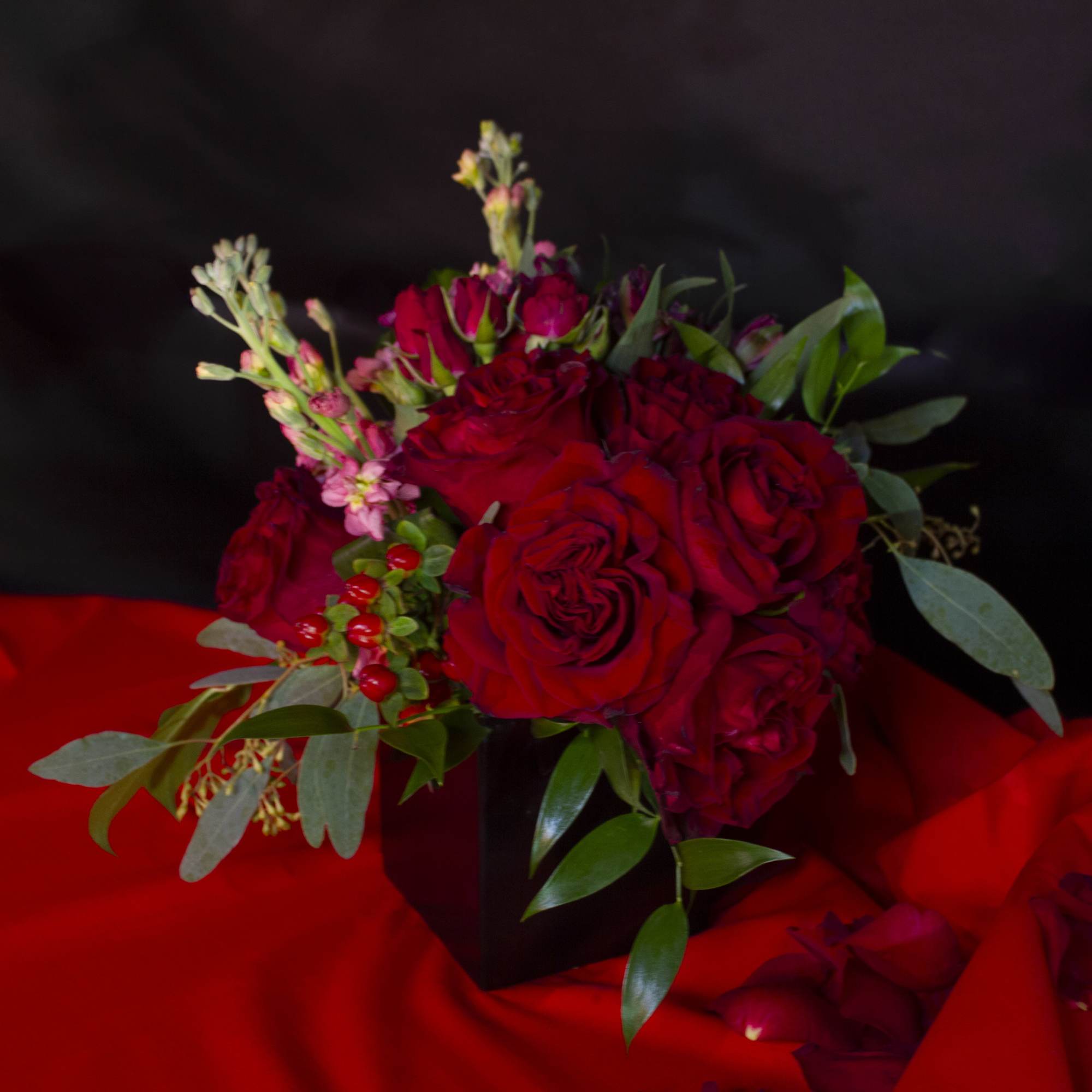 Fluffy red Heart roses, sweetheart scarlet spray roses, bright red hypericum berries
