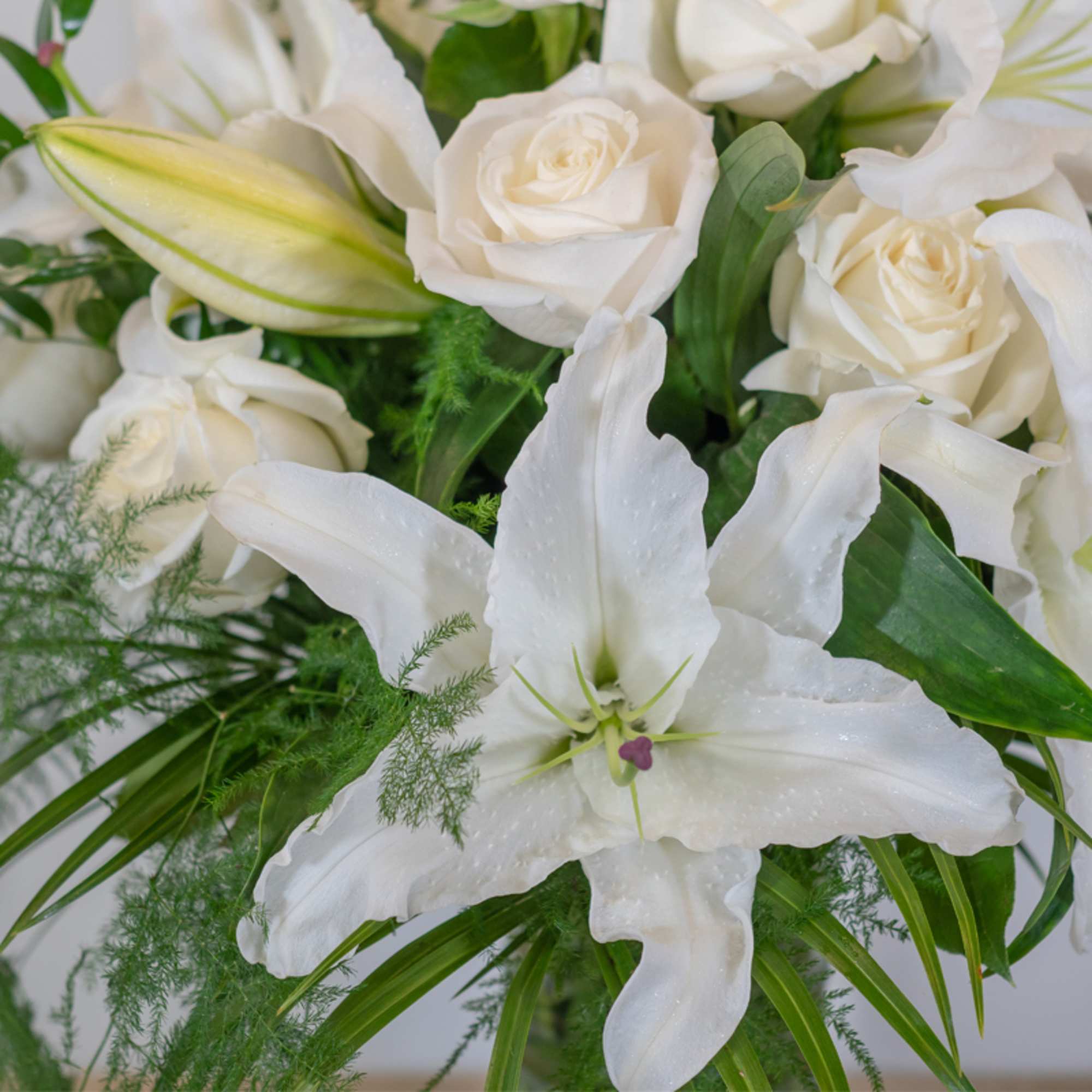 White Casablanca lilies complimented by 12 stunning white roses and seasonal greens