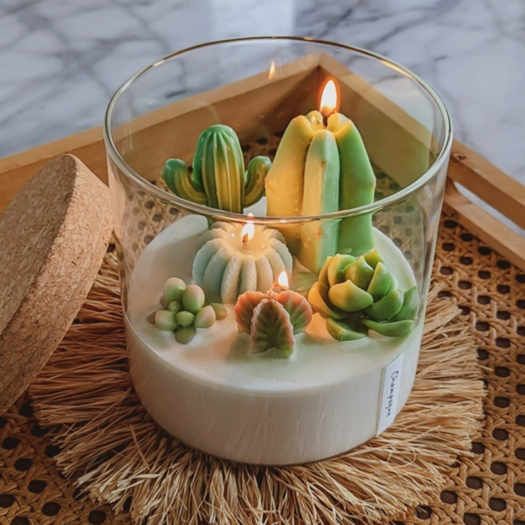 This cacti and succulent terrarium candle is a beautiful and fun gift