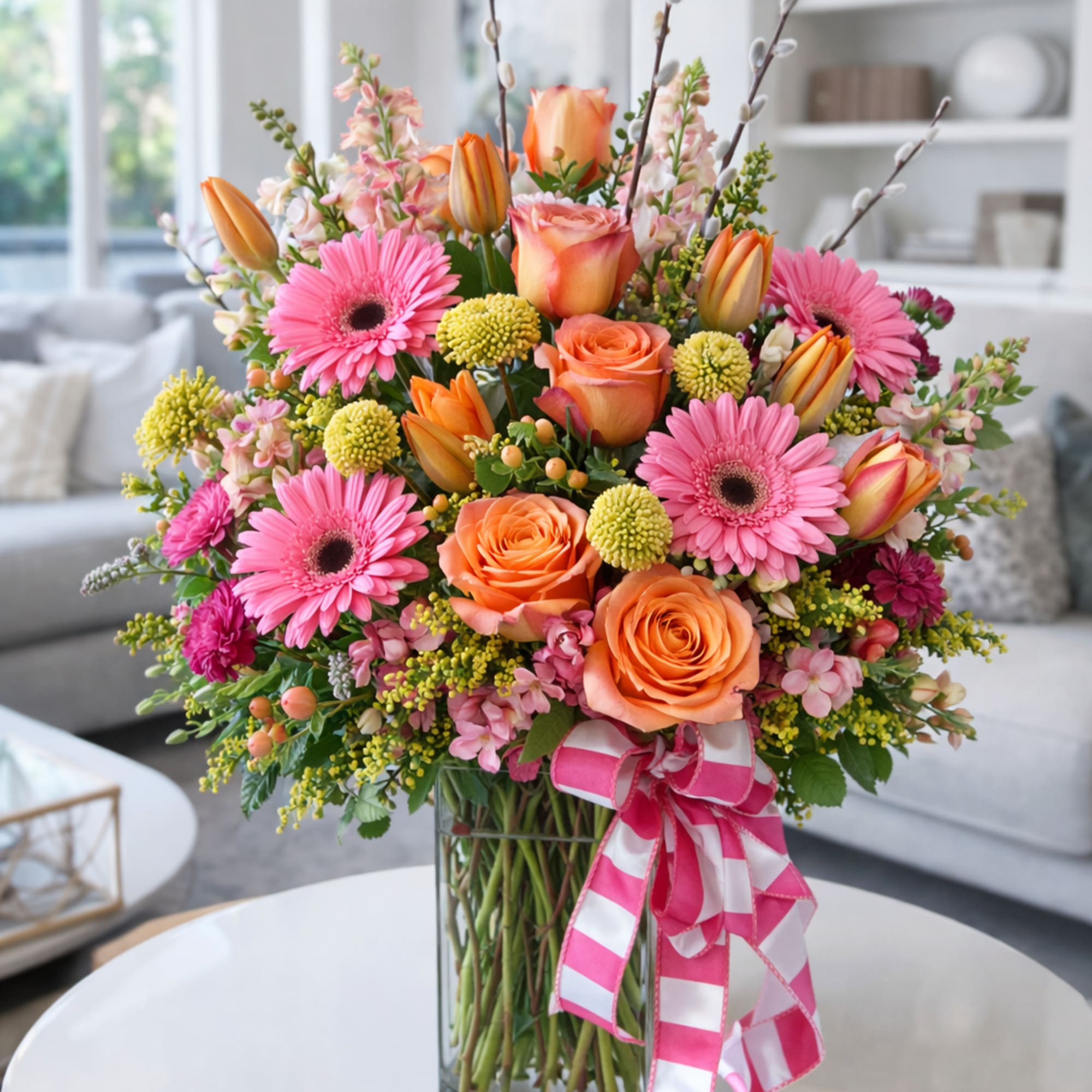 Soft pinks, peach tones, and fresh seasonal blooms come together in this