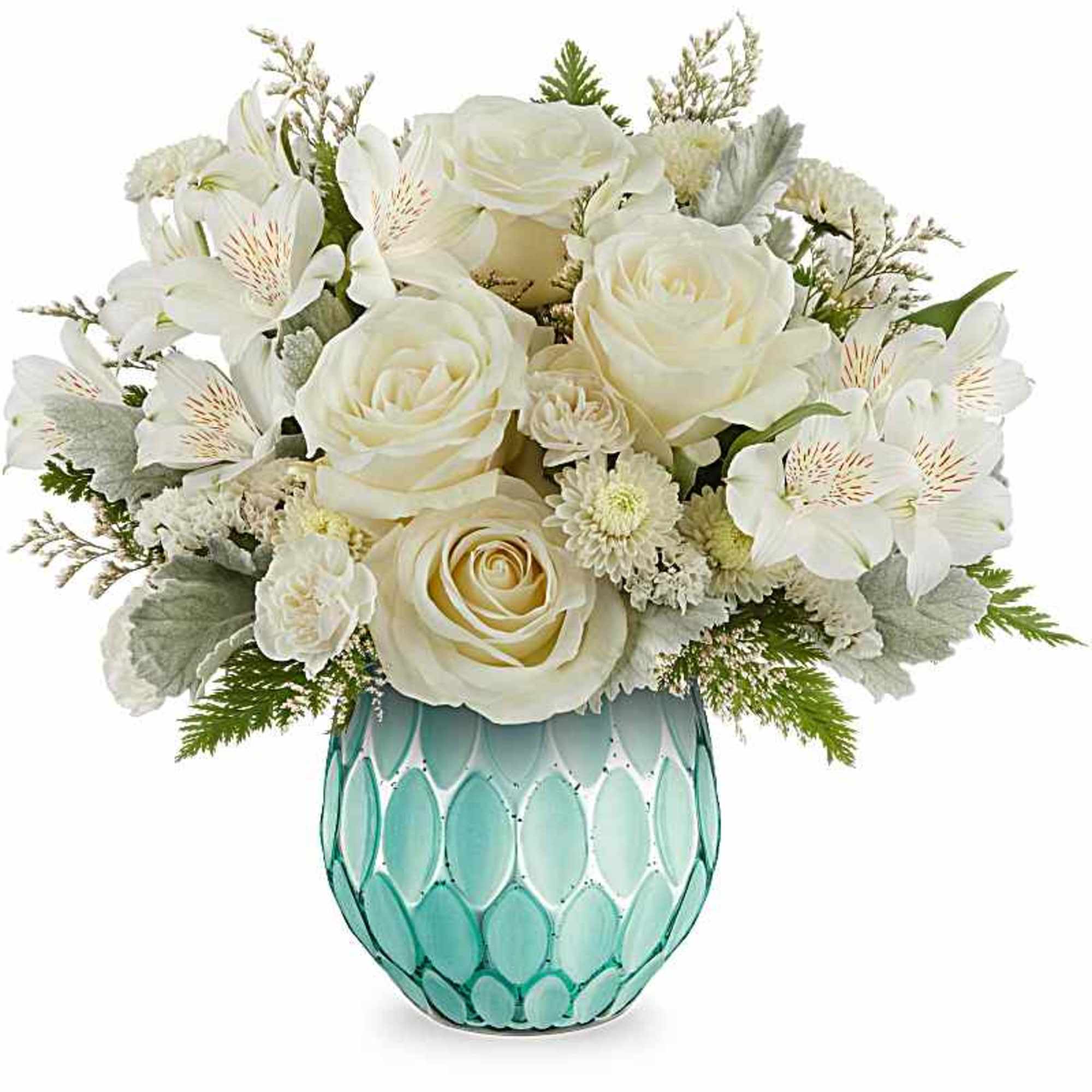 This bouquet showcases a beautiful all-white palette with roses, alstroemeria, miniature carnations