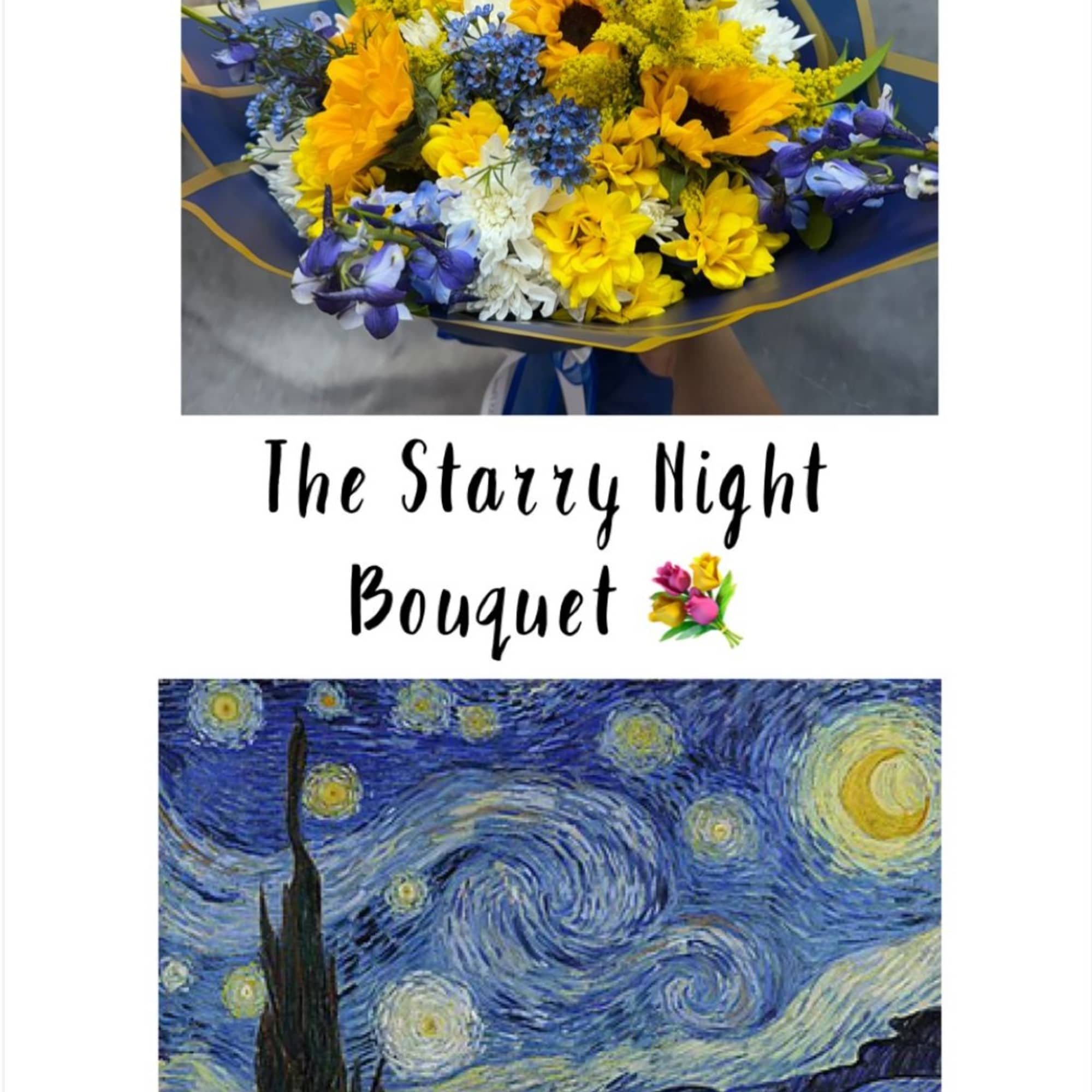 Inspired by Van Gogh, this stunning arrangement features sunflowers, daisies, delphiniums, and