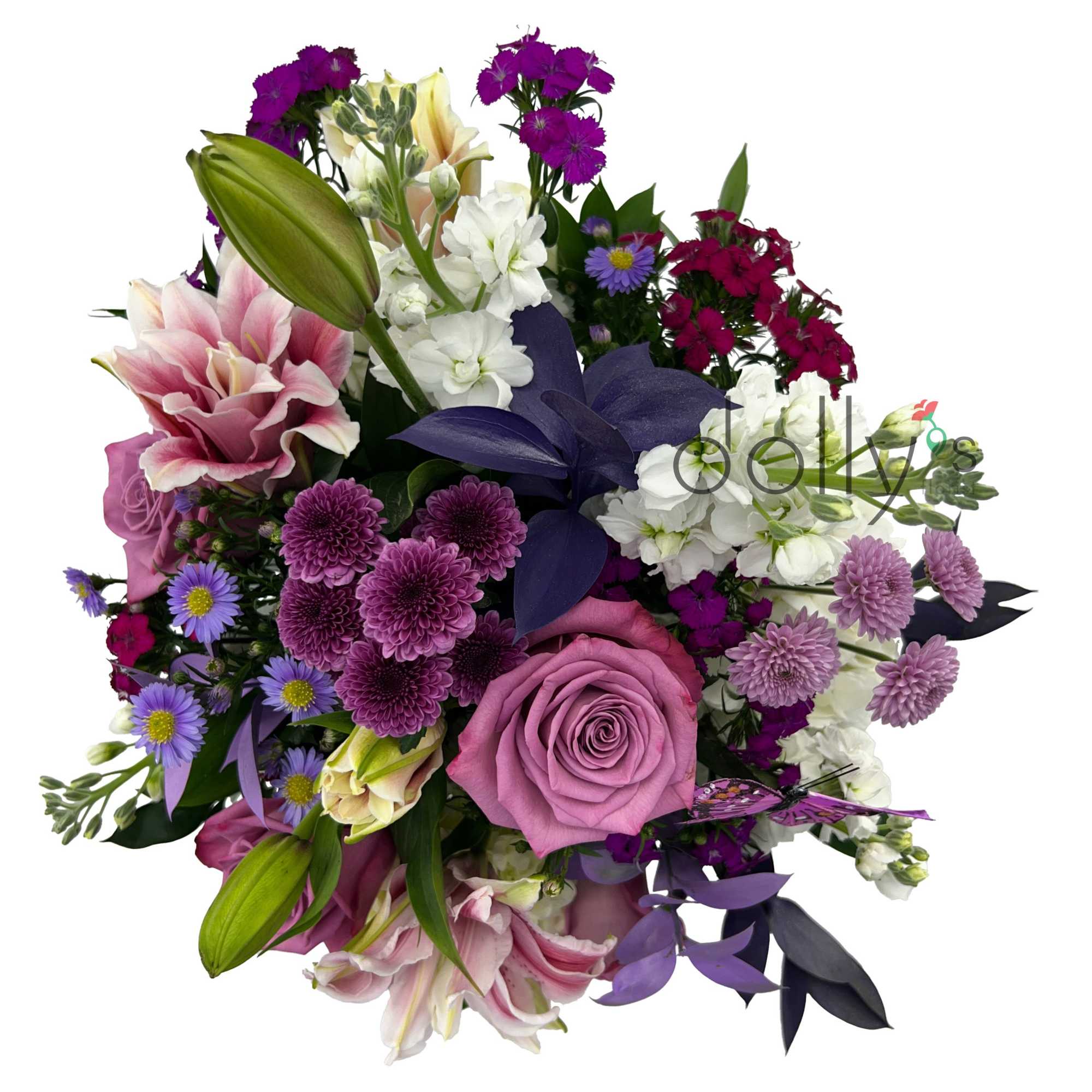 Give a big hug when gifting this bouquet of lavender roses, hydrangeas