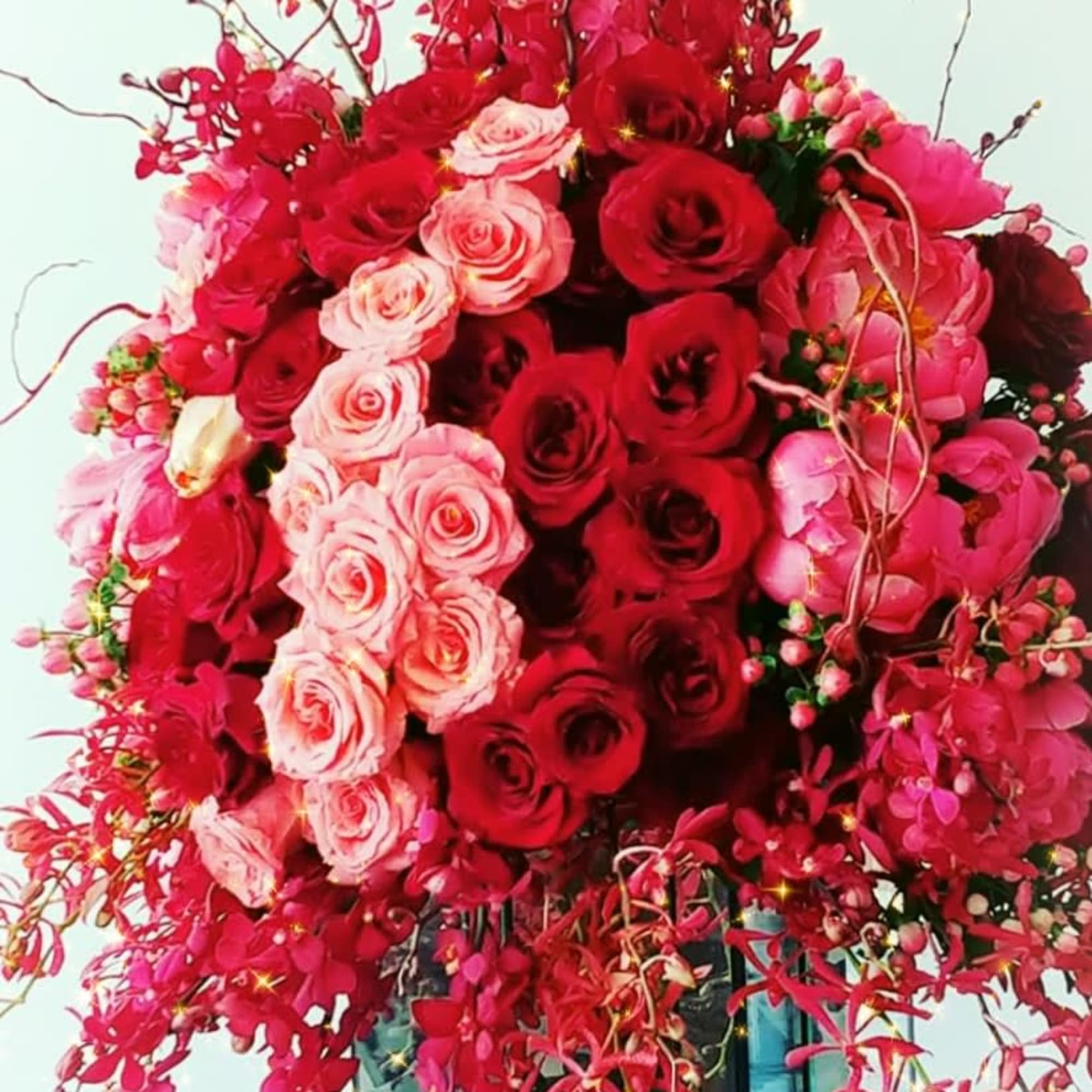 Lush vibrant botanical/modern design of peonies, orchids, roses, berries on a large