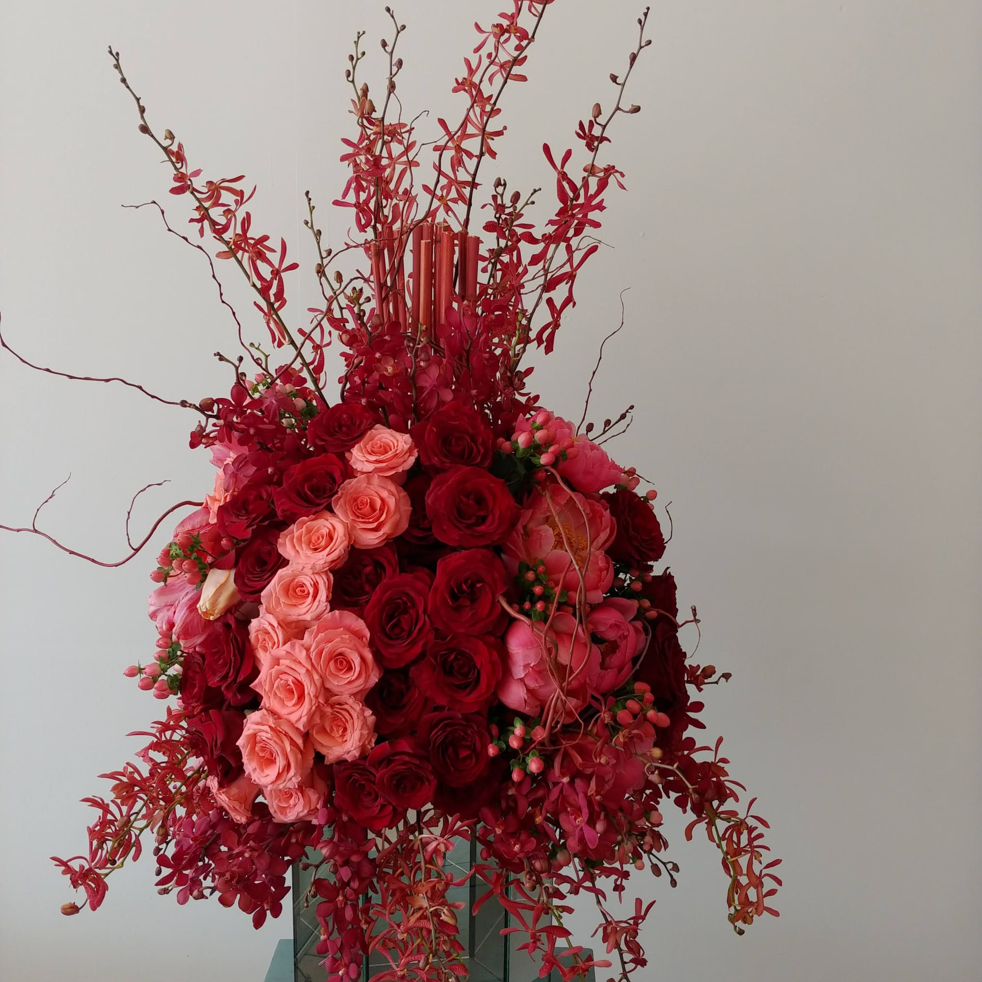 Lush vibrant botanical/modern design of peonies, orchids, roses, berries on a large