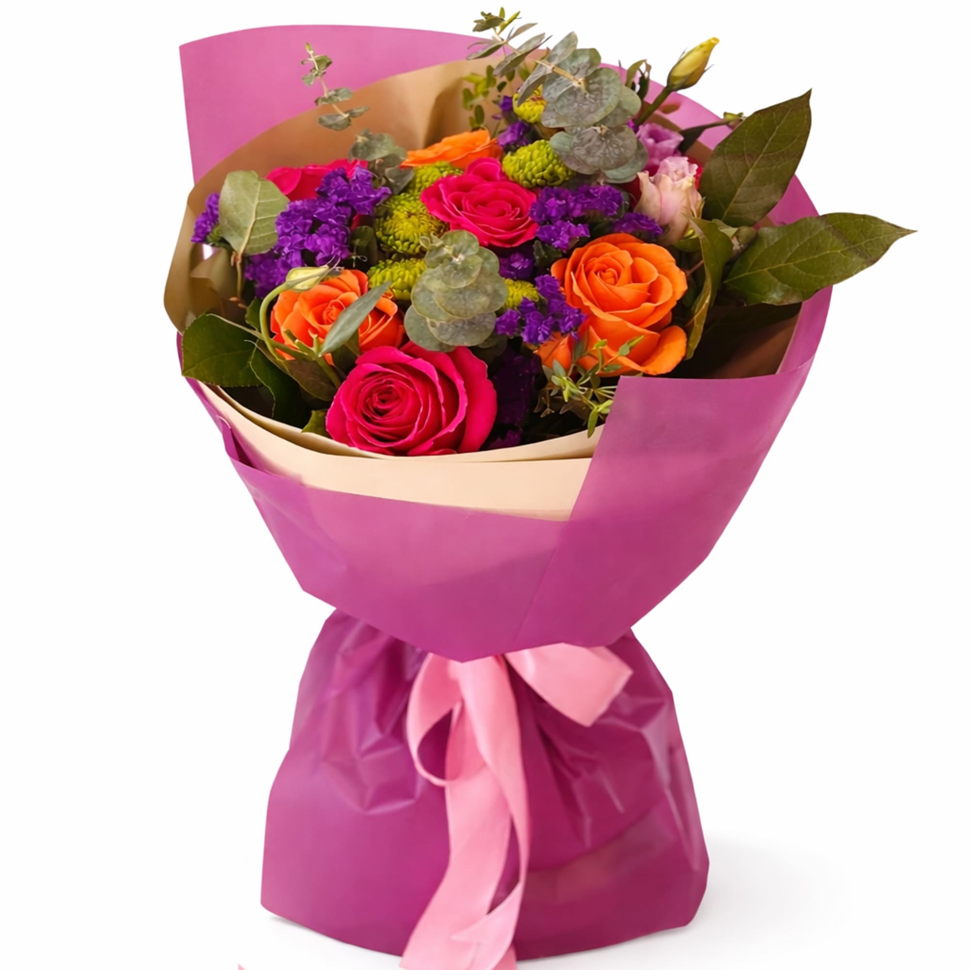 A vibrant and cheerful bouquet featuring fresh roses in bold pink and