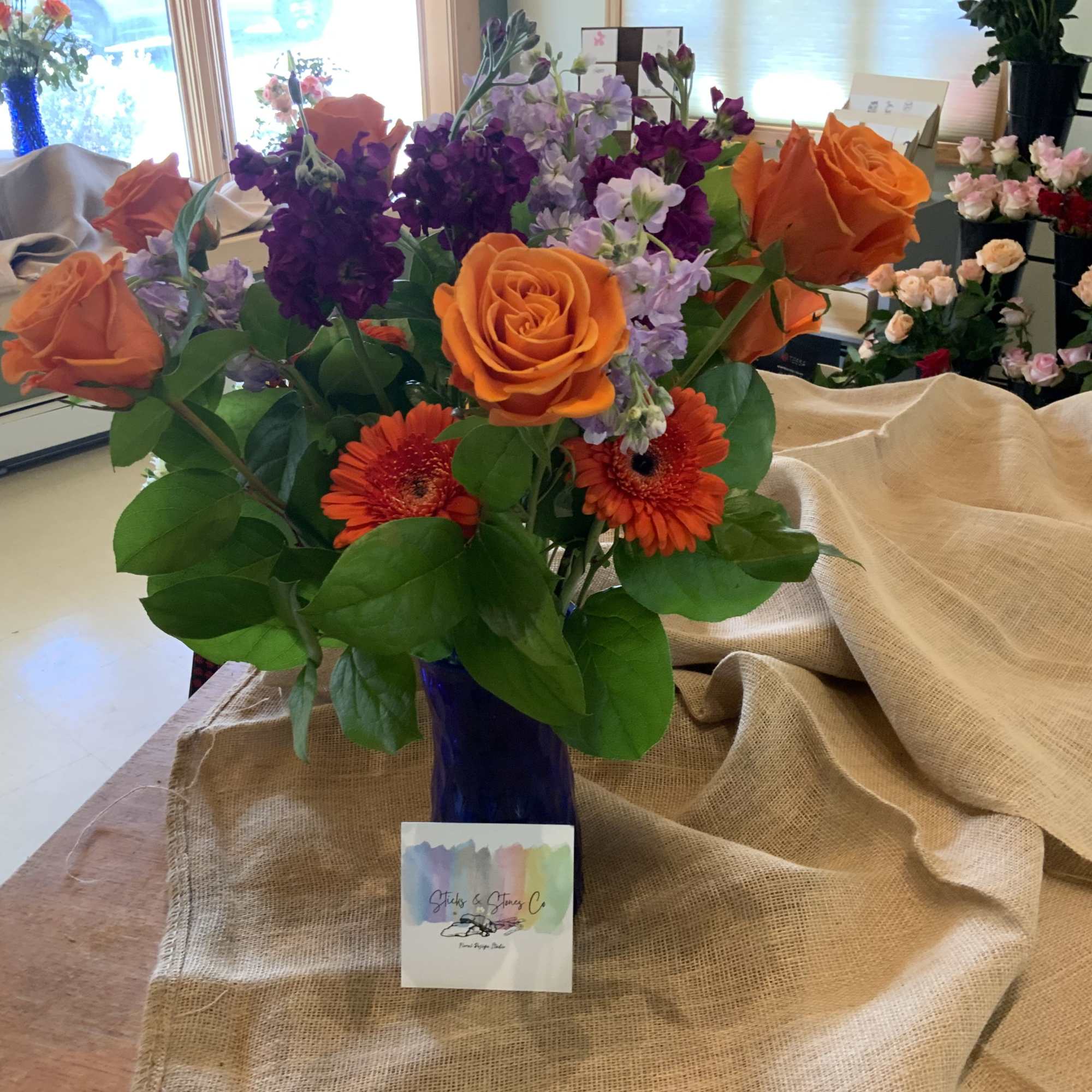 Custom seasonal arrangement with dynamic accents. We will make it easy to