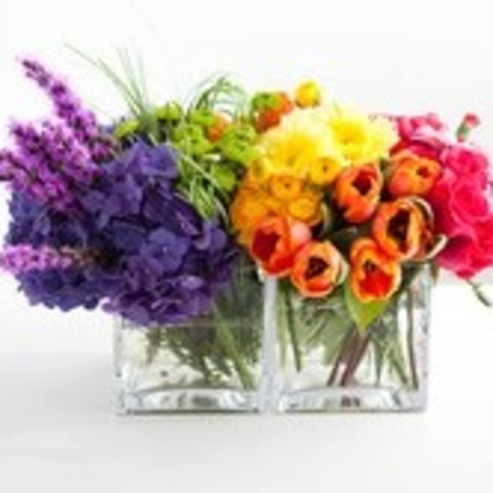 Hydrangea, liatris, tulips, ranunculus, roses, etc