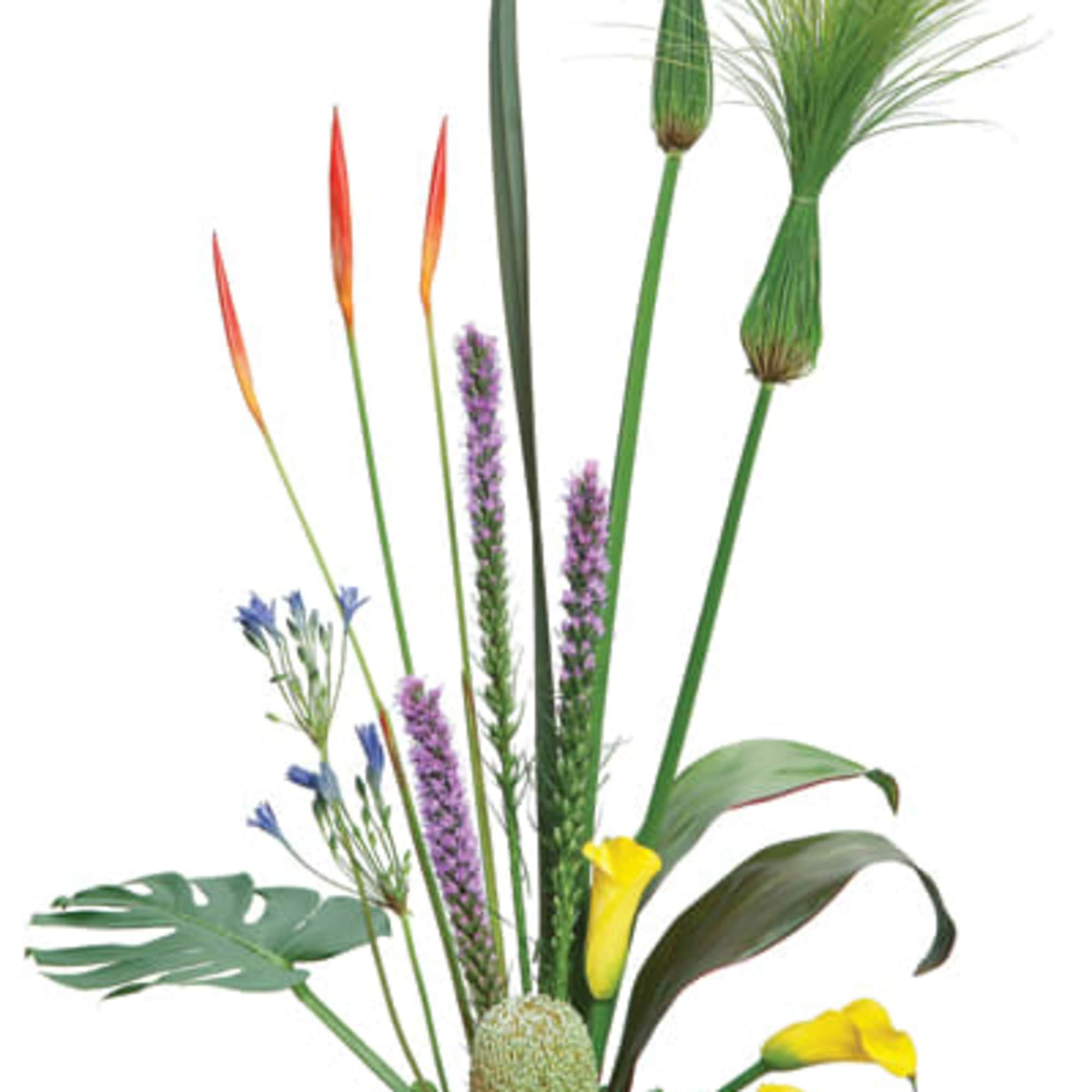 This bold mix of exotic tropical elements, greenery and flowers soars upwards