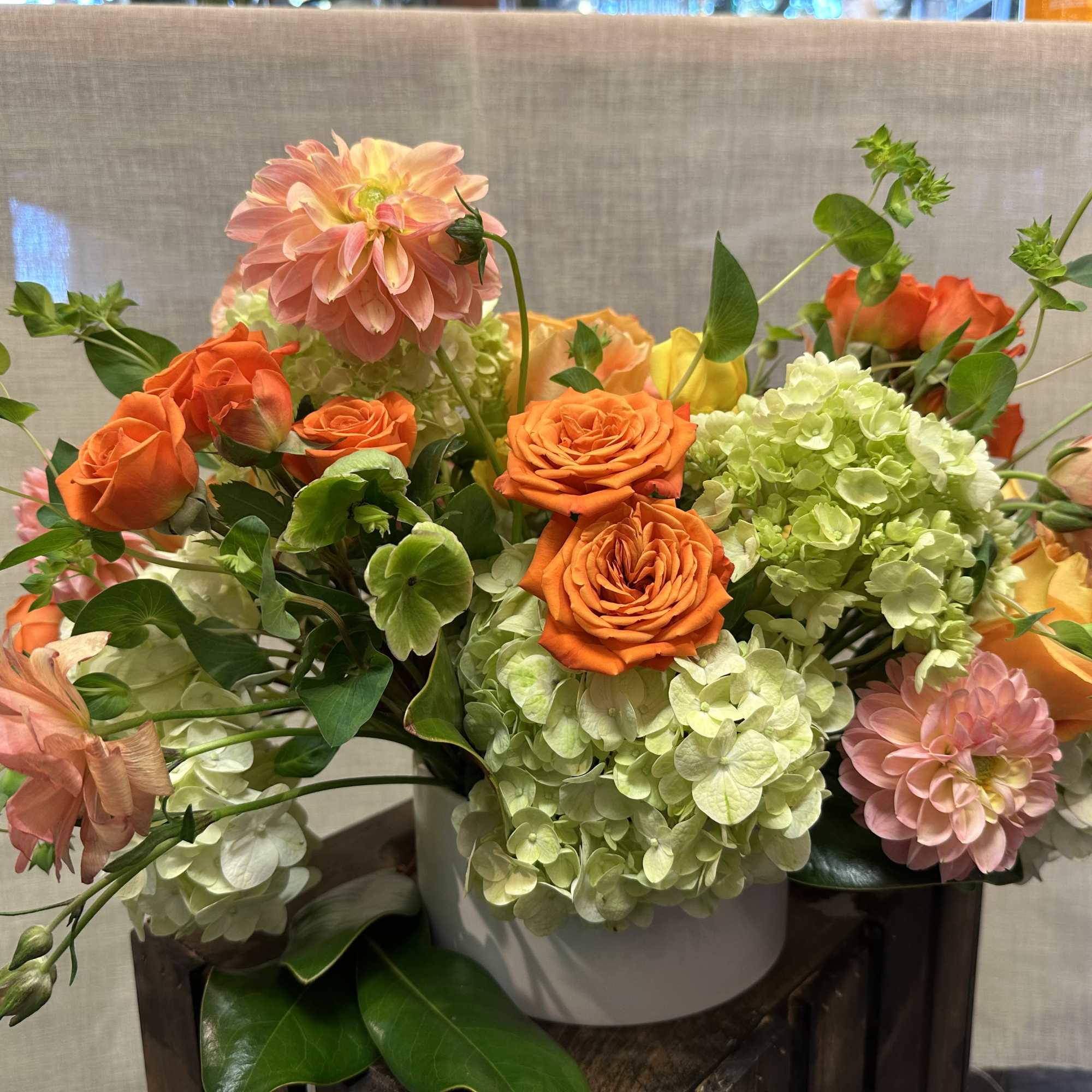 This arrangement is inspired by the dramatic colors of autumn. Helleborus with