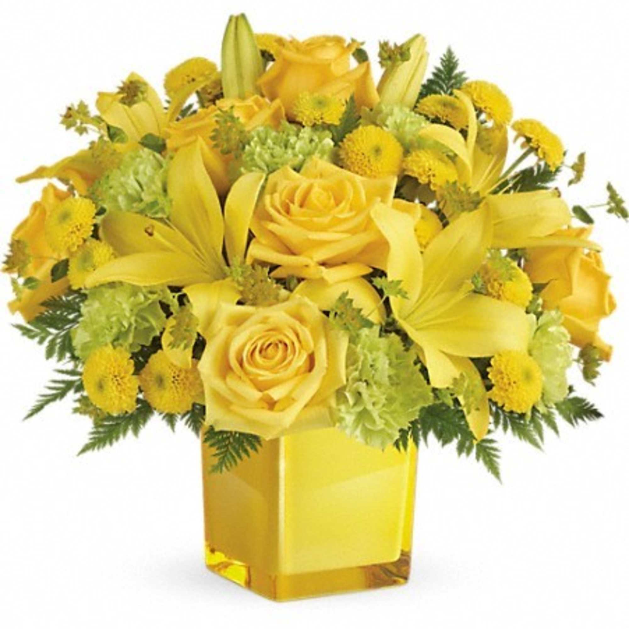 An instant pick-me-up! Beautifully arranged in a stylish cube vase, these radiant