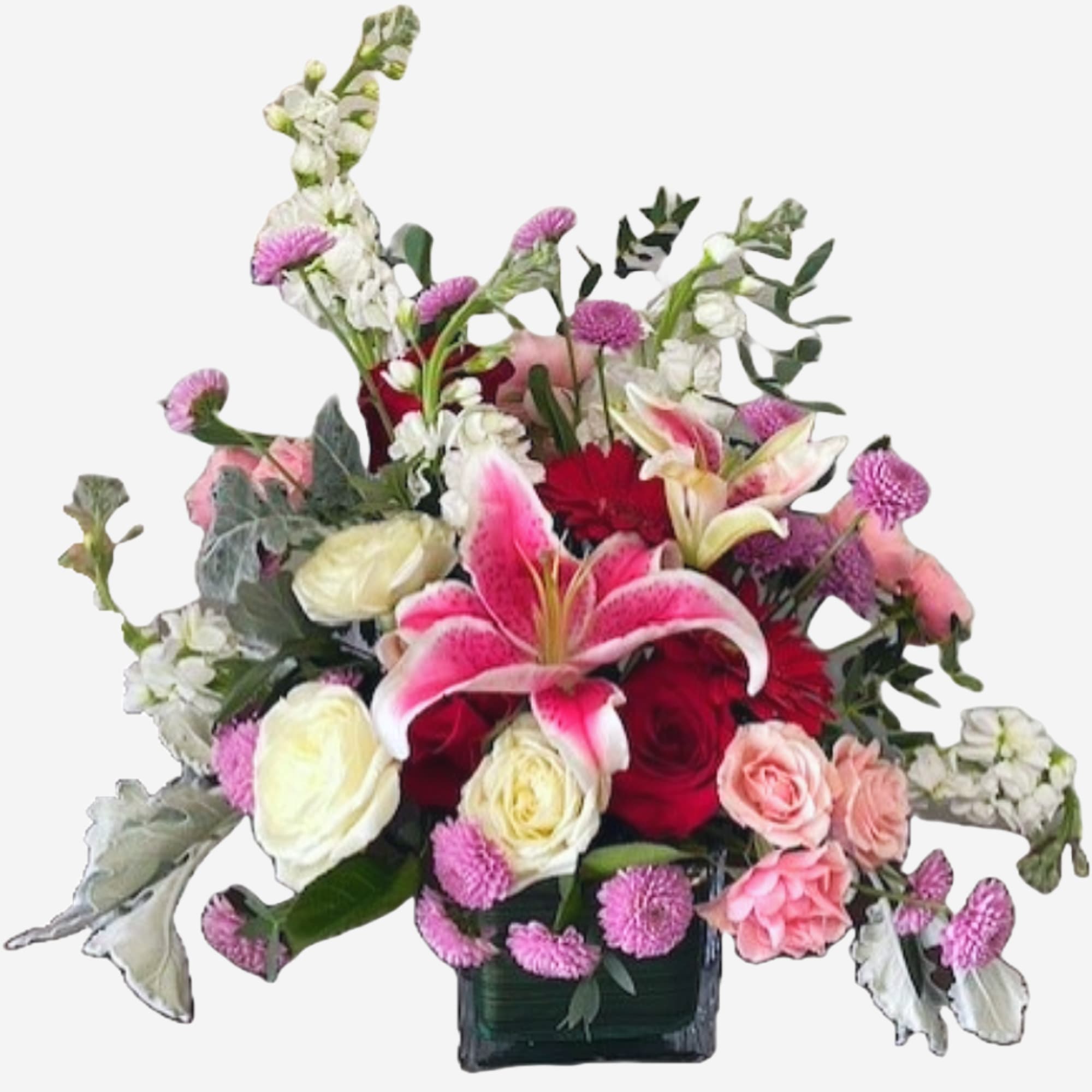 The arrangement is naturally stylized, with touches of blossomy flowers added for