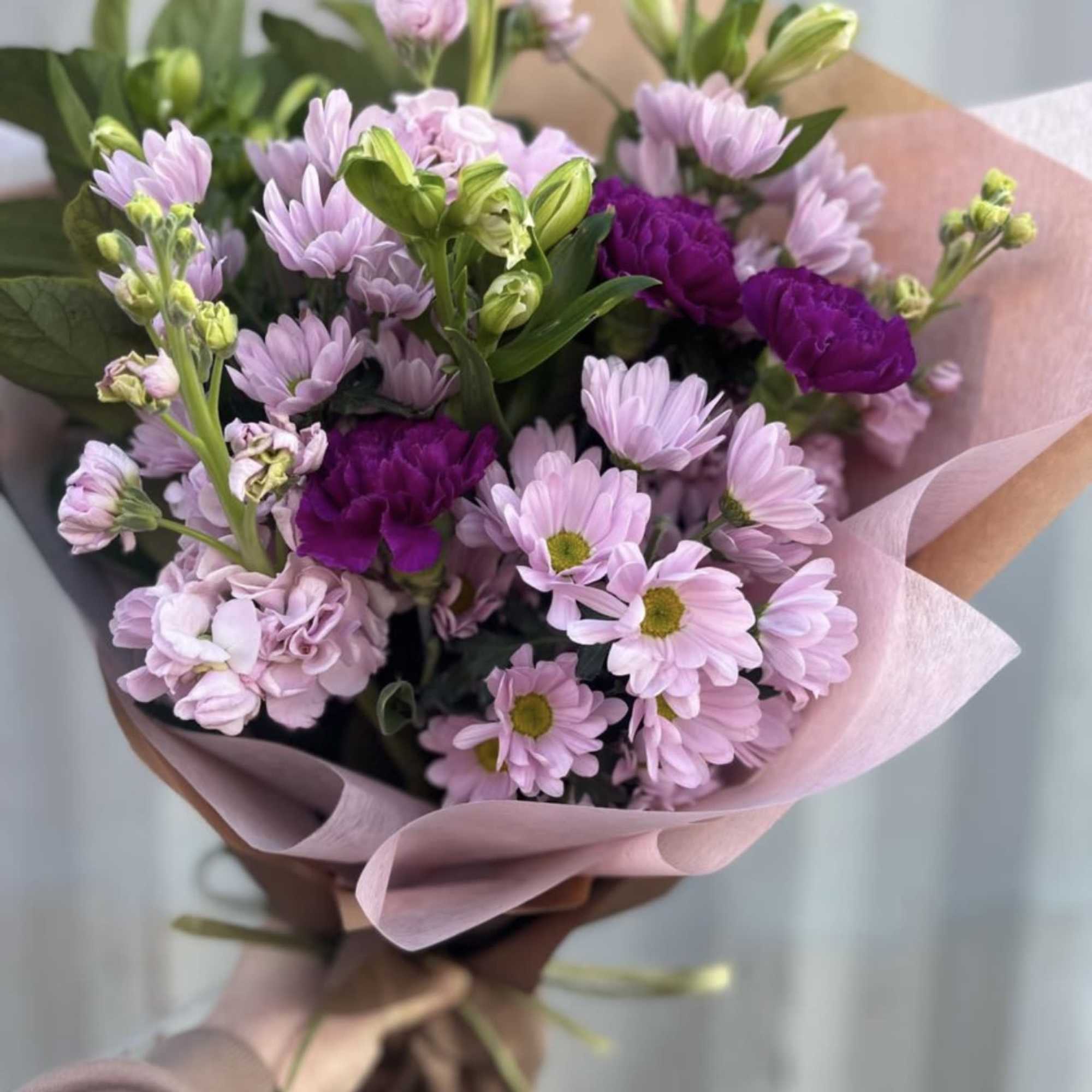 Beautiful bouquet of varied flowers! Colors carefully combined! Wrapped in paper and