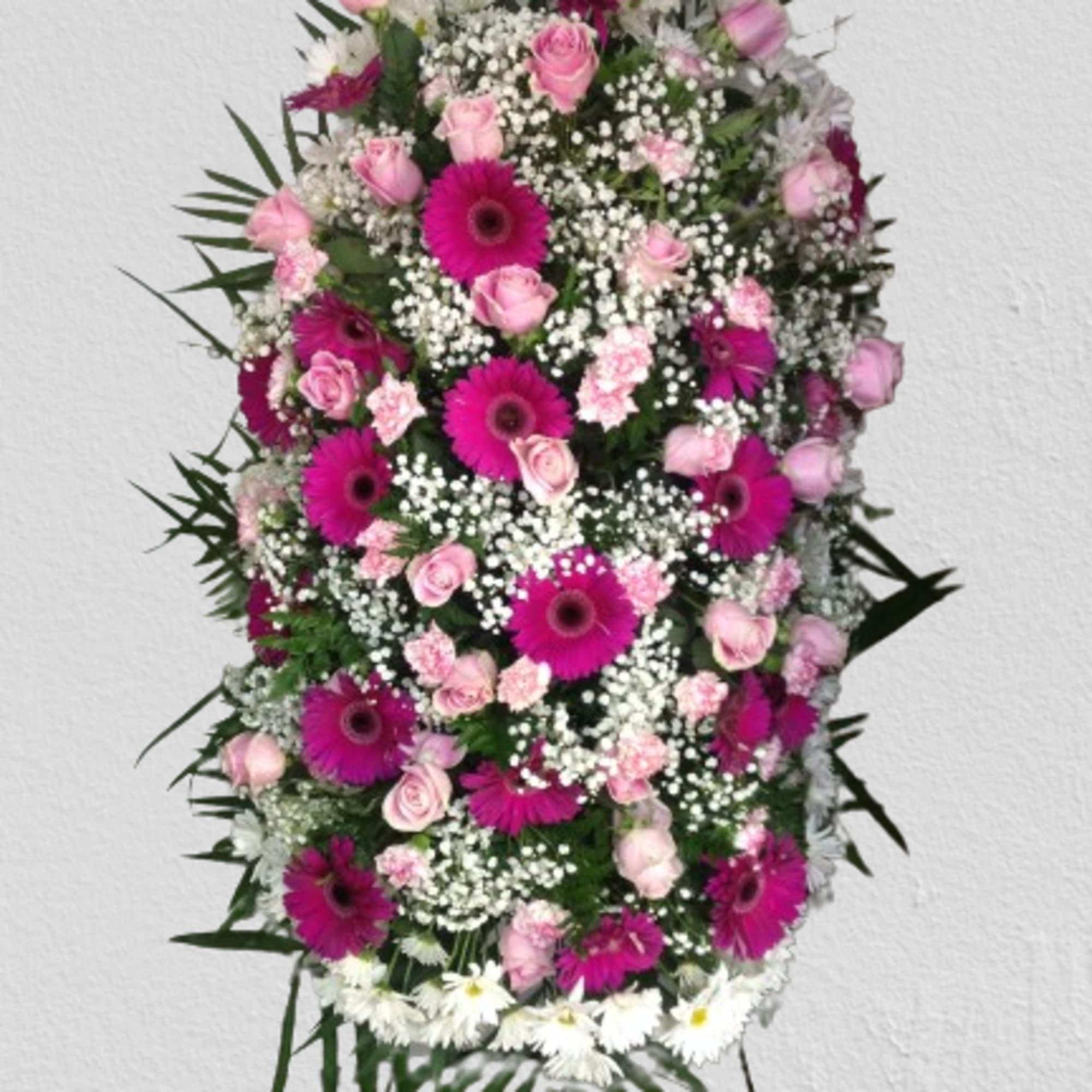 3ft Tall Sympathy standing wreath with roses, babies breath, carnations, gerbera or