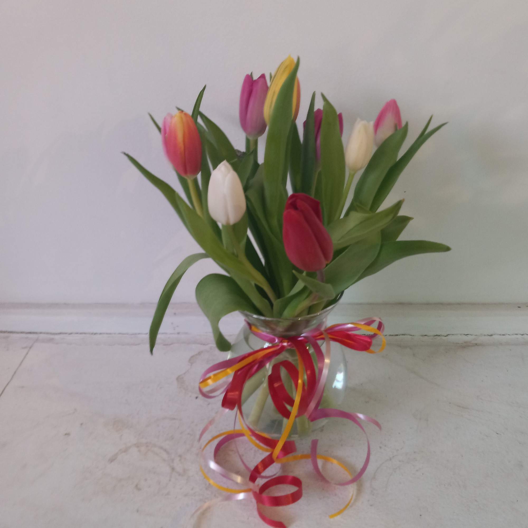 Premium assorted tulips in a  vase with confetti ribbon 