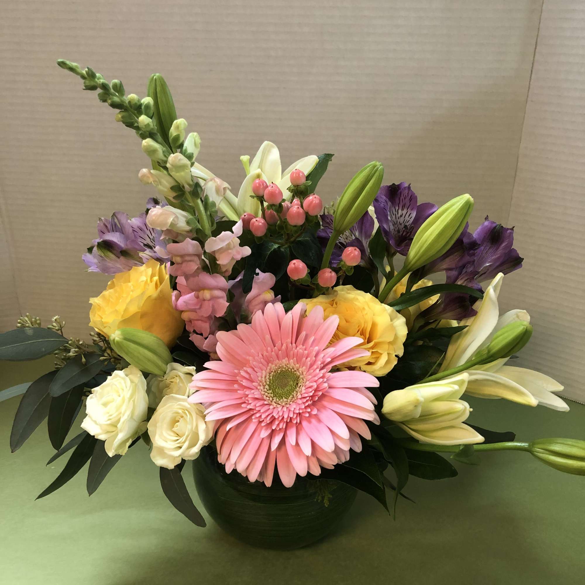 Variety of Colored Flowers:  Hydrangea, Roses, Lisianthus, Alstromeria,  Gerbera Daisies