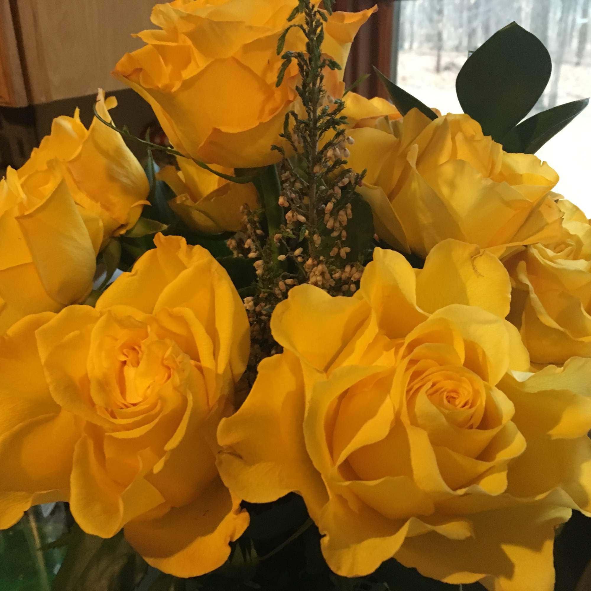 Long Stem Yellow Roses &amp; Assorted Fancy Greens