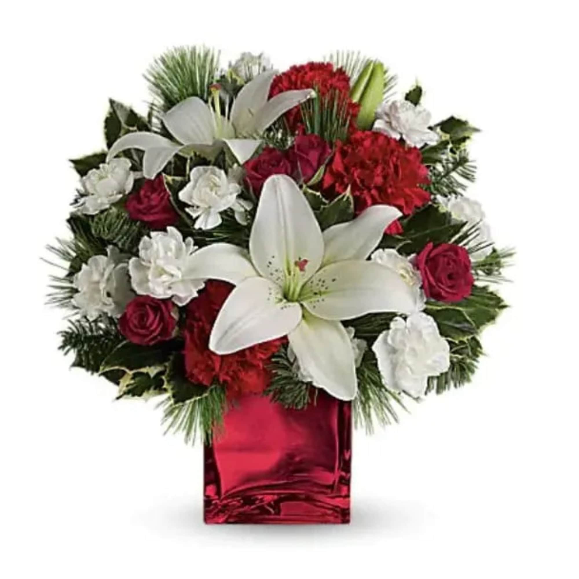 This festive holiday bouquet includes red roses and white asiatic lilies presented