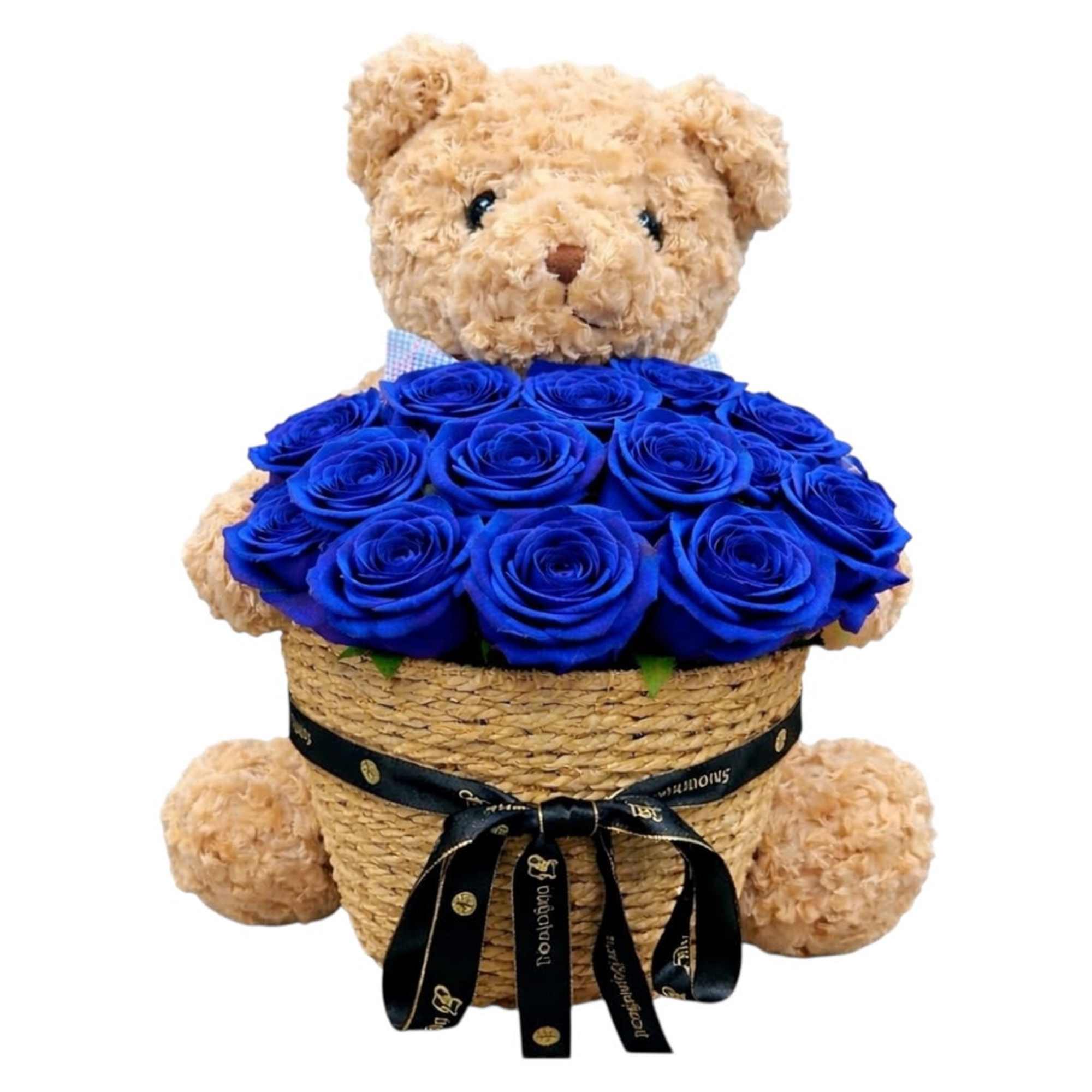 A sweet teddy bear cuddles a basket of delicate blue roses, as