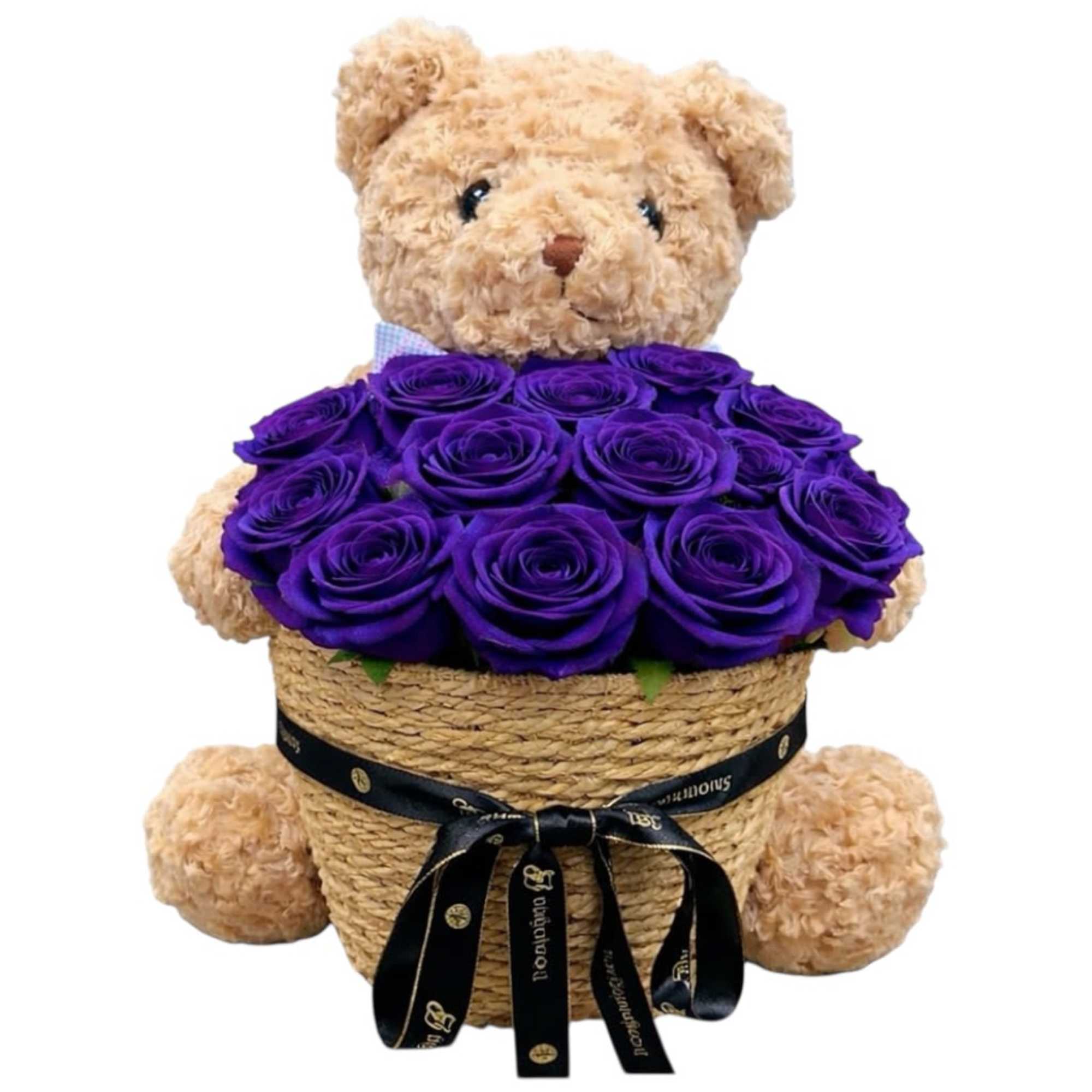 A sweet teddy bear cuddles a basket of delicate blue roses, as