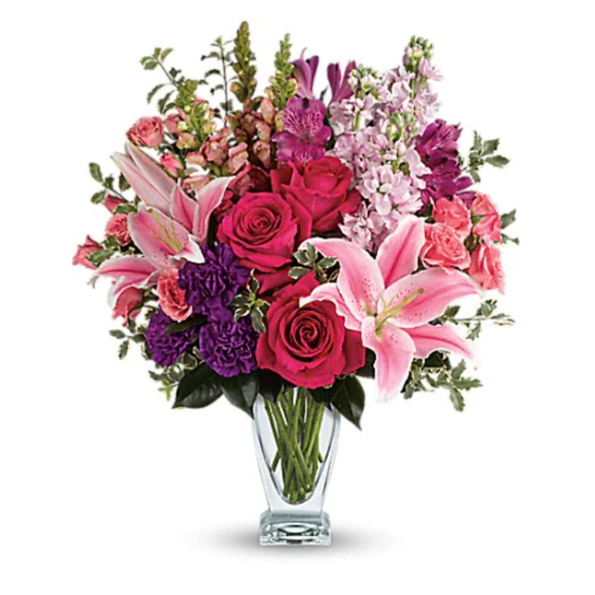 Hand-delivered in a shapely glass vase, this sumptuous arrangement of roses and