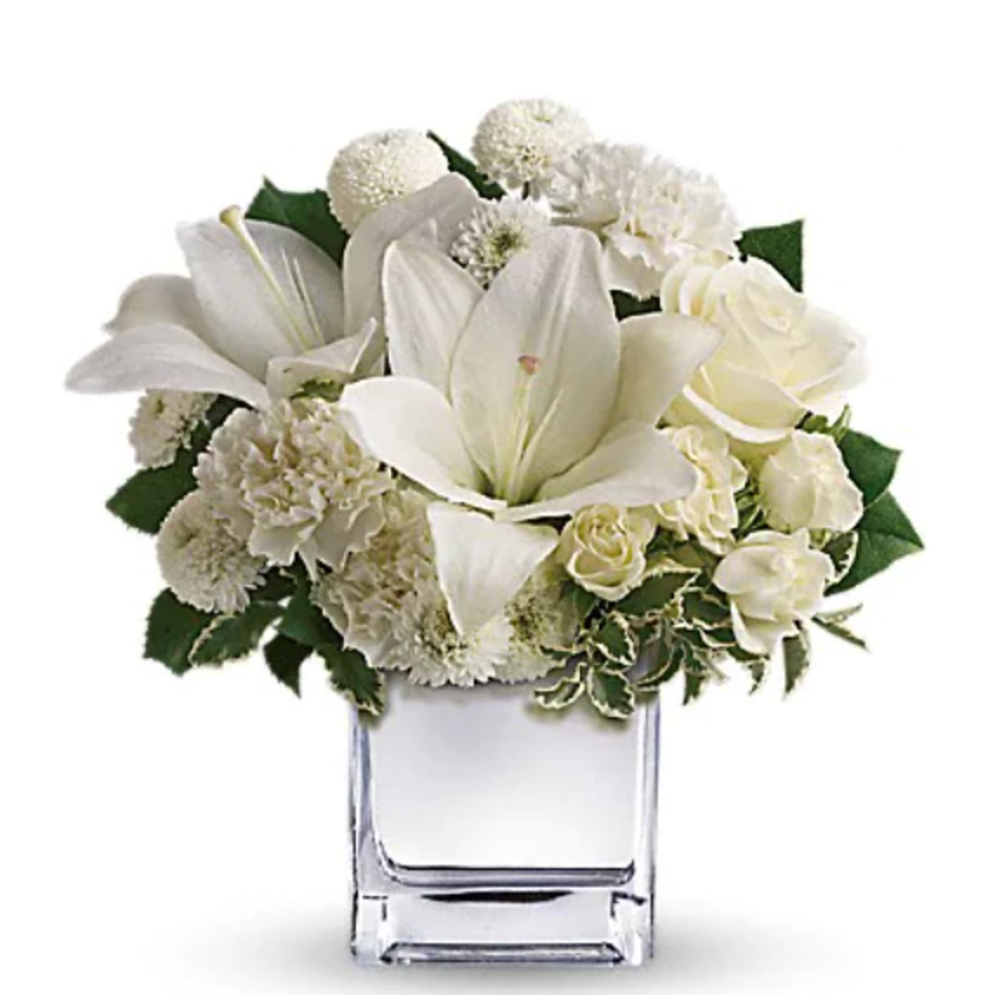 Surprise a faraway friend with this elegant array of Christmas flowers. White