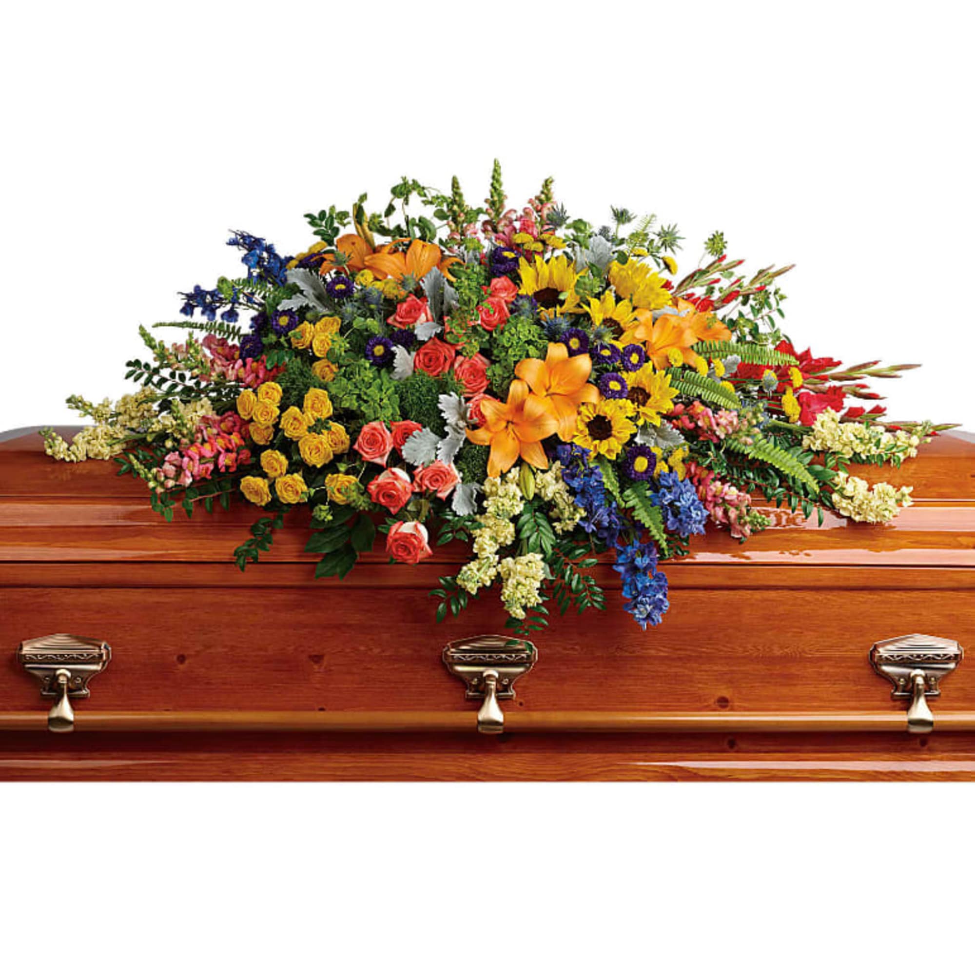 Full of light and love, this colorful casket spray celebrates a bright