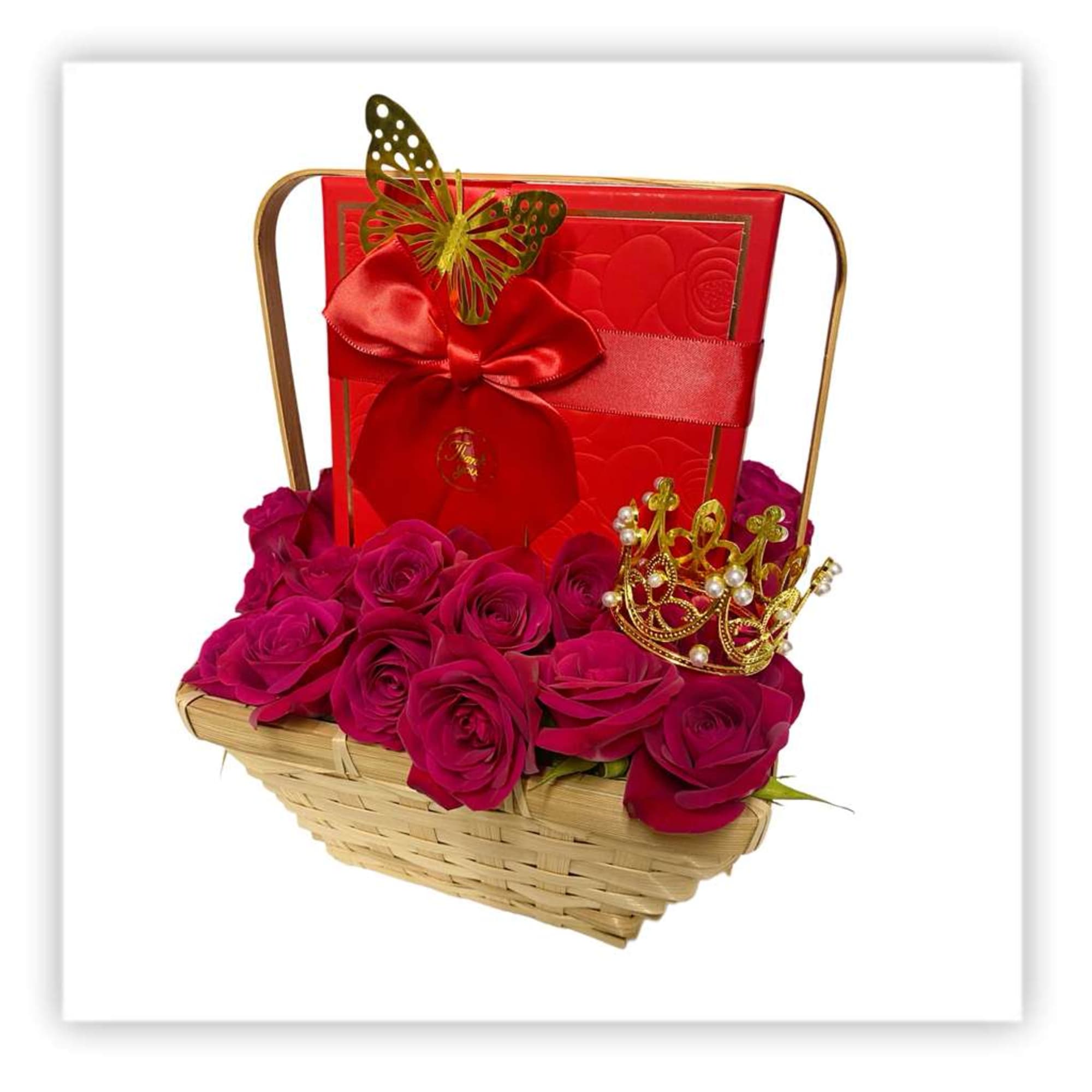 Mini rose garden arranged in a natural basket measuring 9 inches long