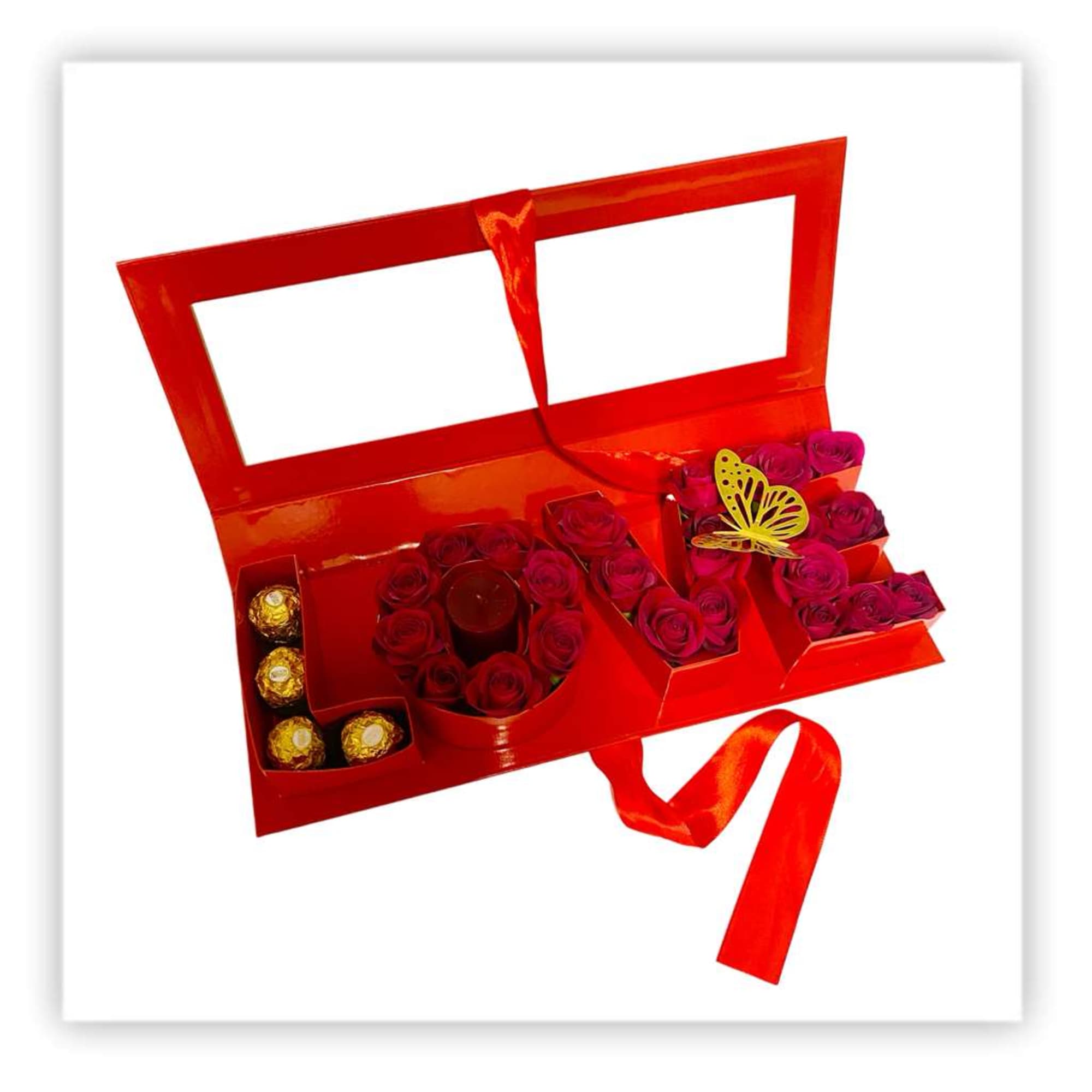 Beautiful pink gift box featuring four chocolates placed in the first letter