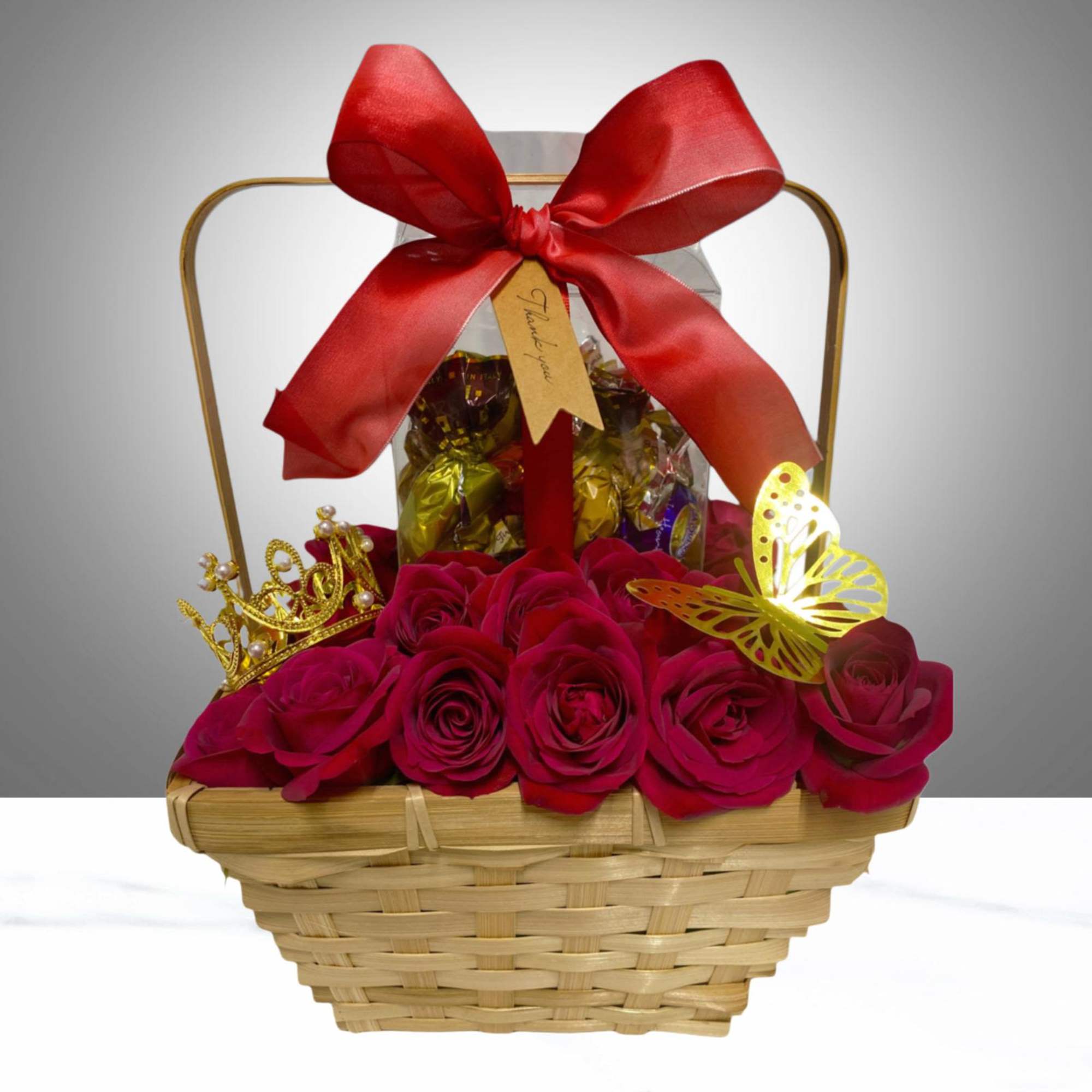 
Mini rose garden arranged in a natural basket measuring 9 inches long