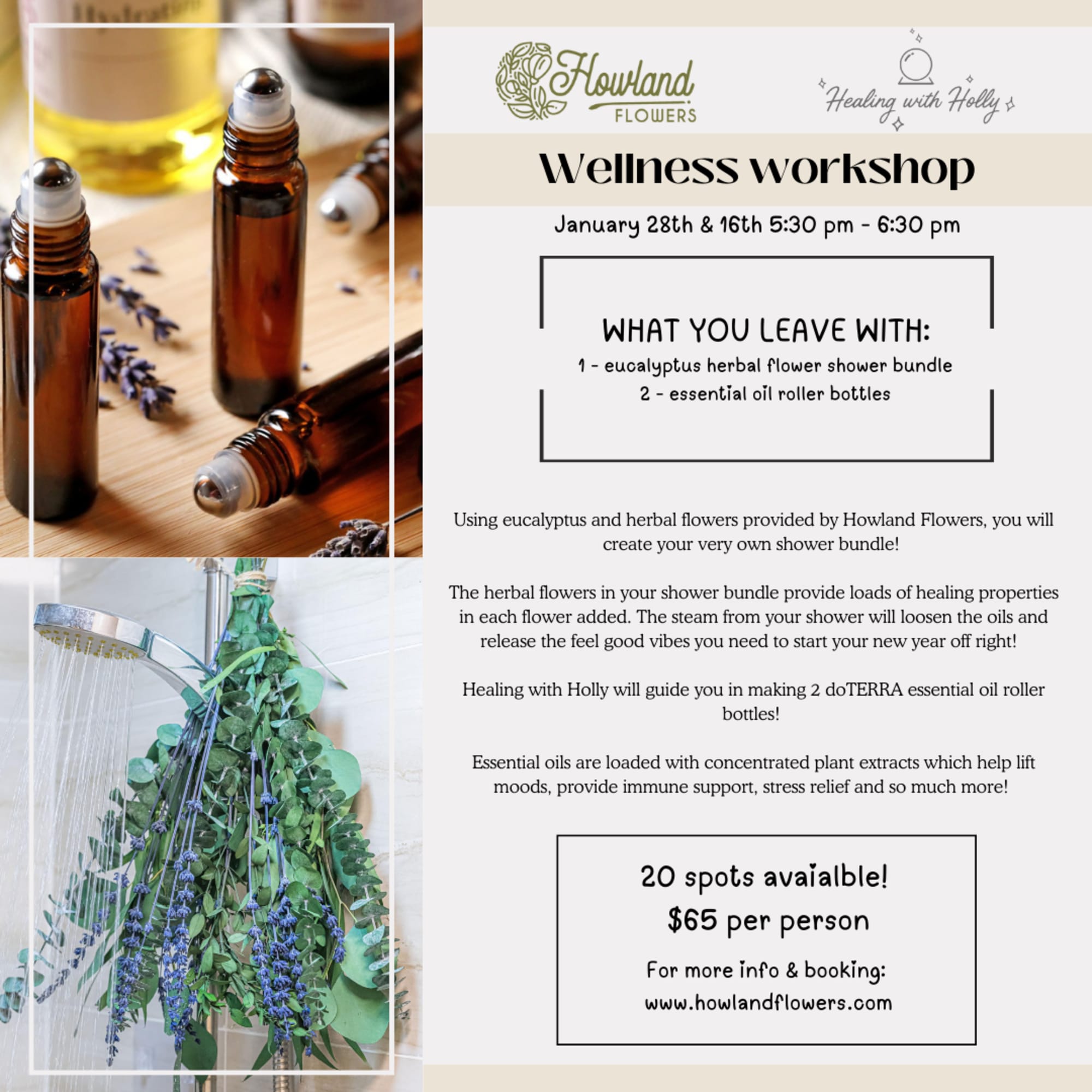 Using eucalyptus and herbal flowers provided by Howland Flowers, you will create