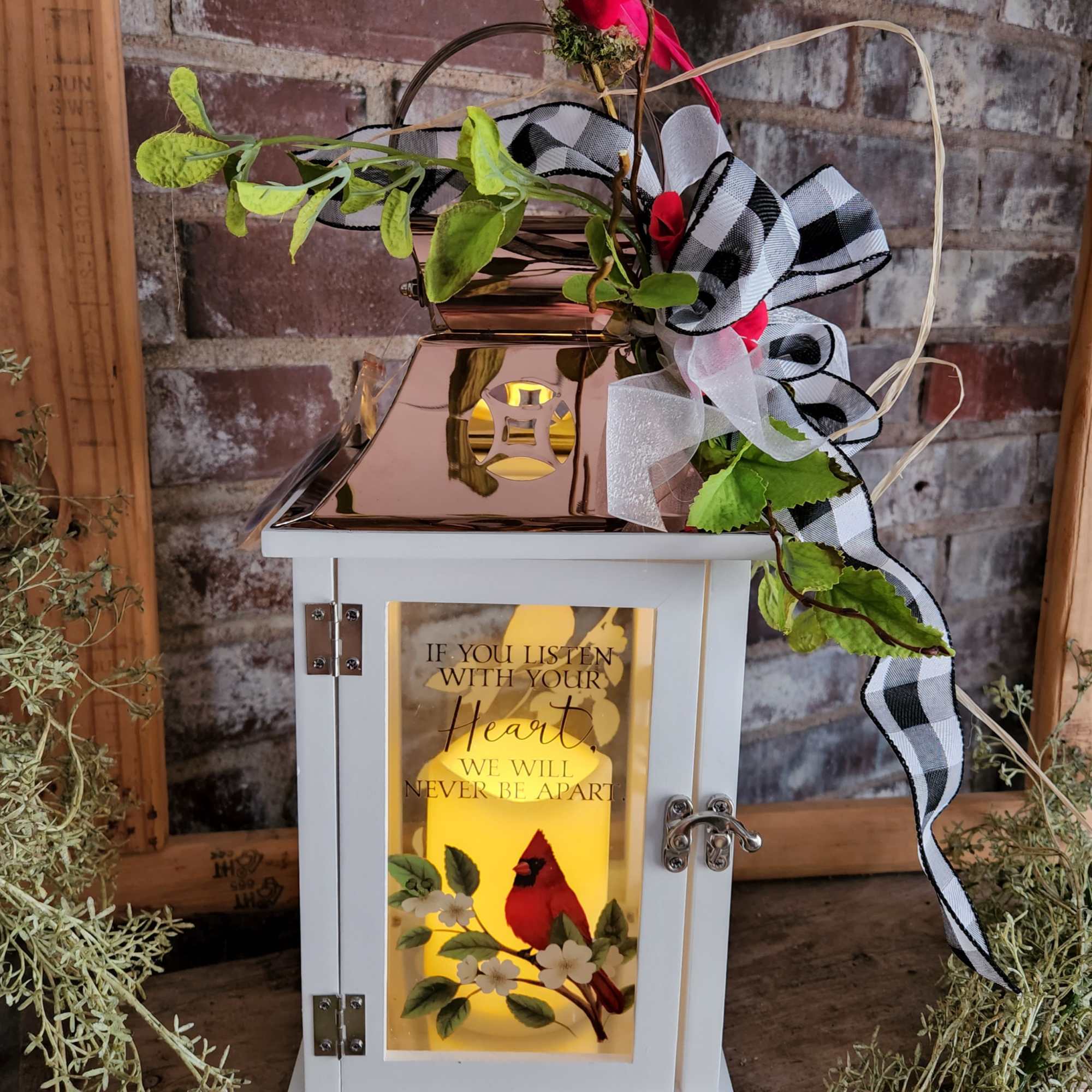 Nice keepsake white wooden lantern with Copper tin roof and sentiment on