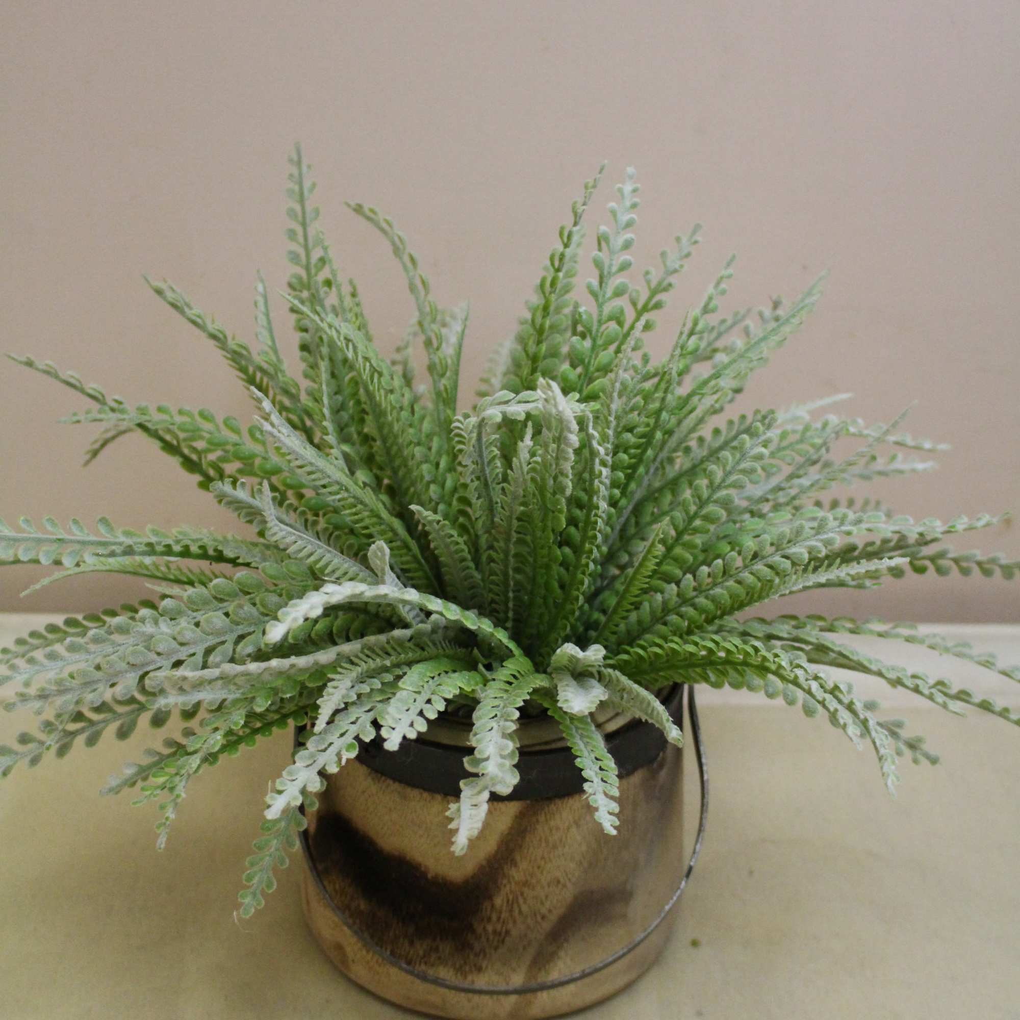 Wood / steel pail filled with a sage green greenery 
Size of