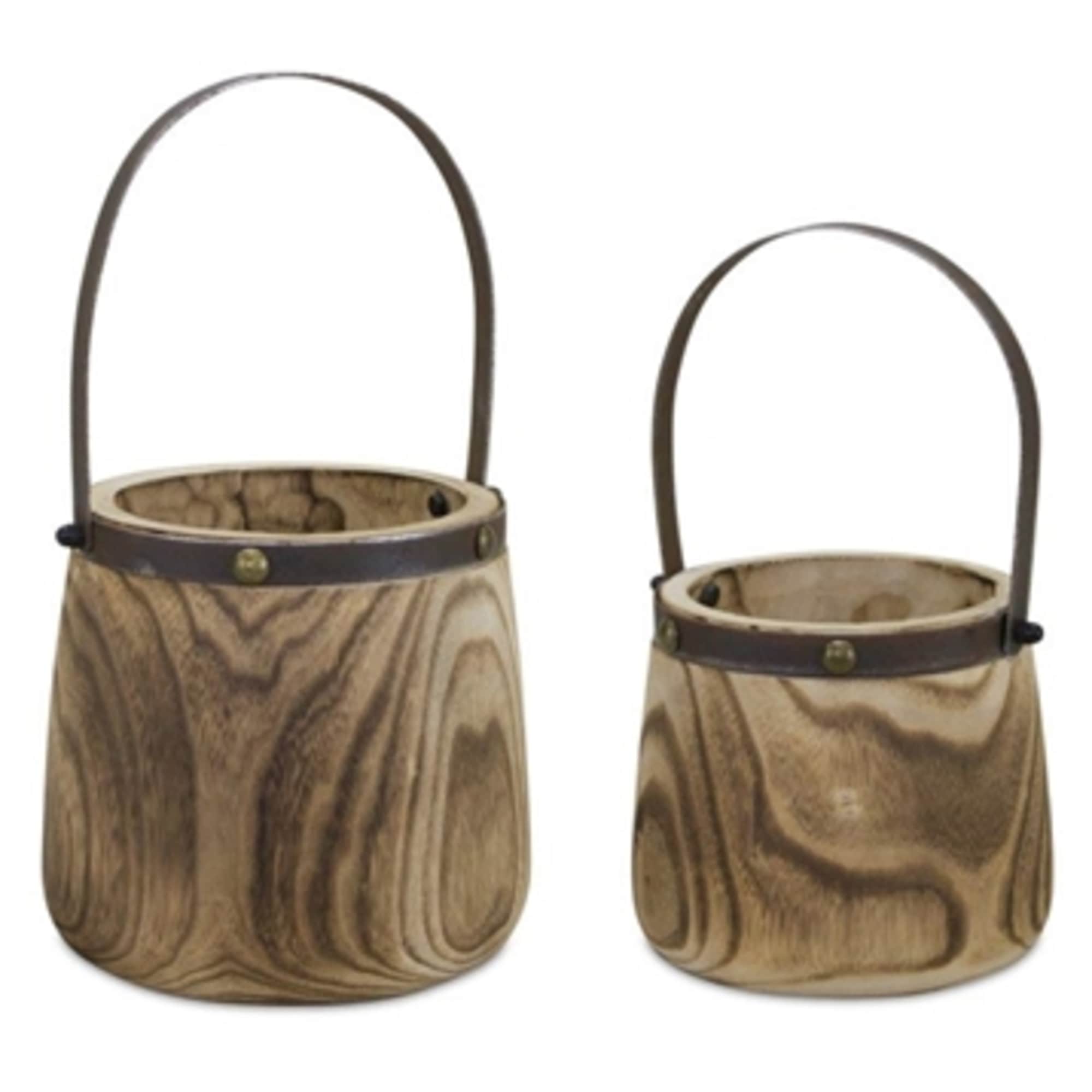 Wood / steel pail filled with a sage green greenery 
Size of