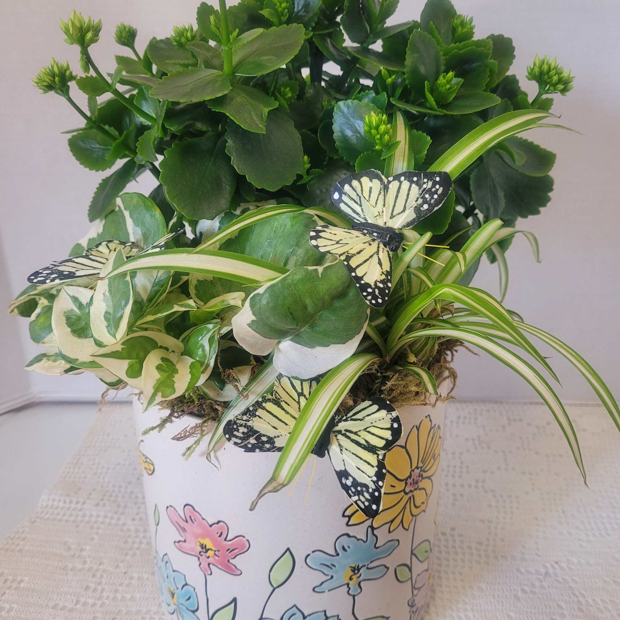 A large colorful ceramic filled with an arrangement of hardy houseplants. Faux