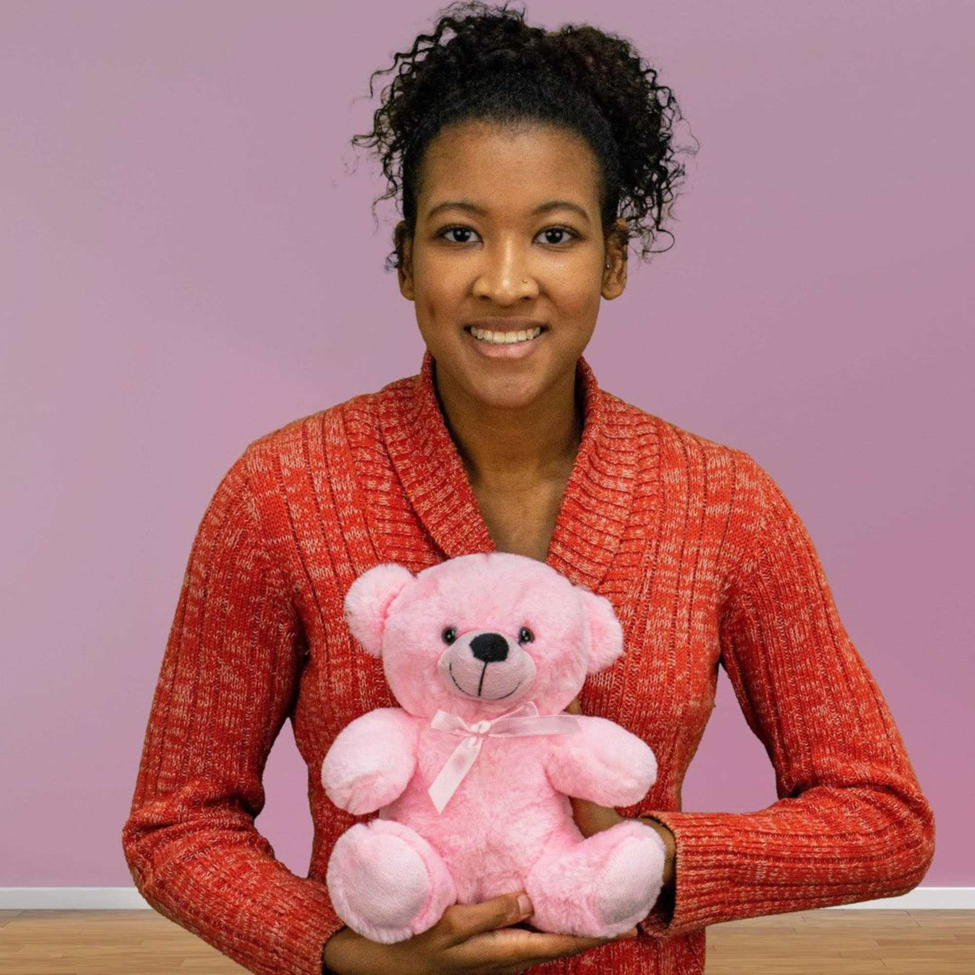 Soft and cuddly pink teddy! Measure 6 inches while sitting, from head