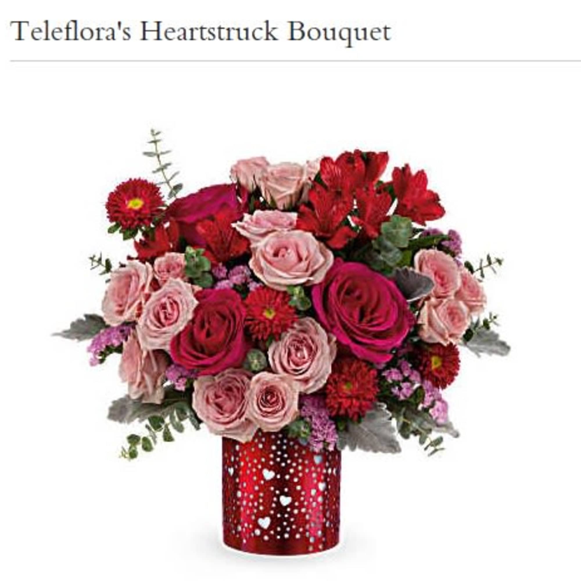 A container covered with hearts with roses, miniature carnations and assortment of