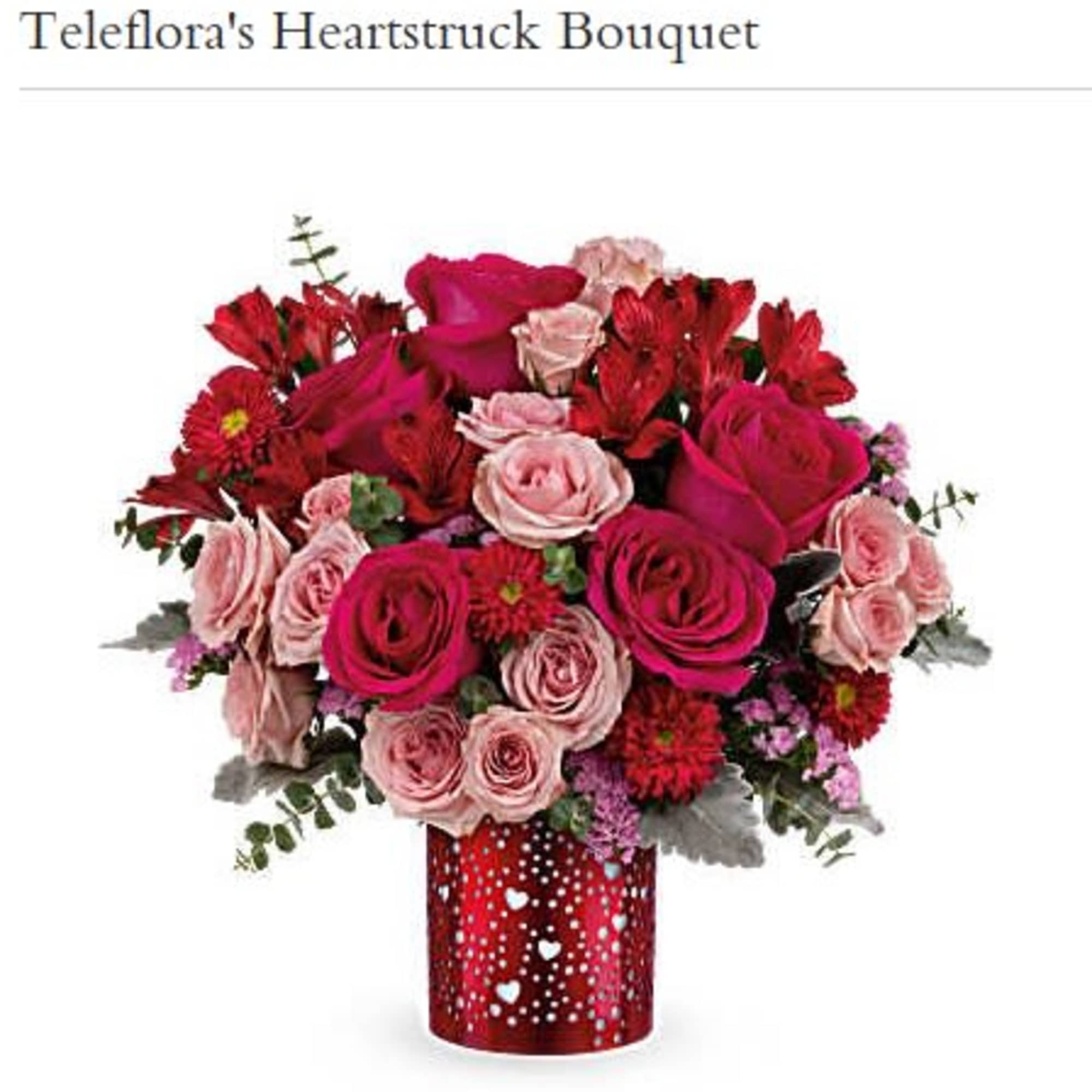 A container covered with hearts with roses, miniature carnations and assortment of