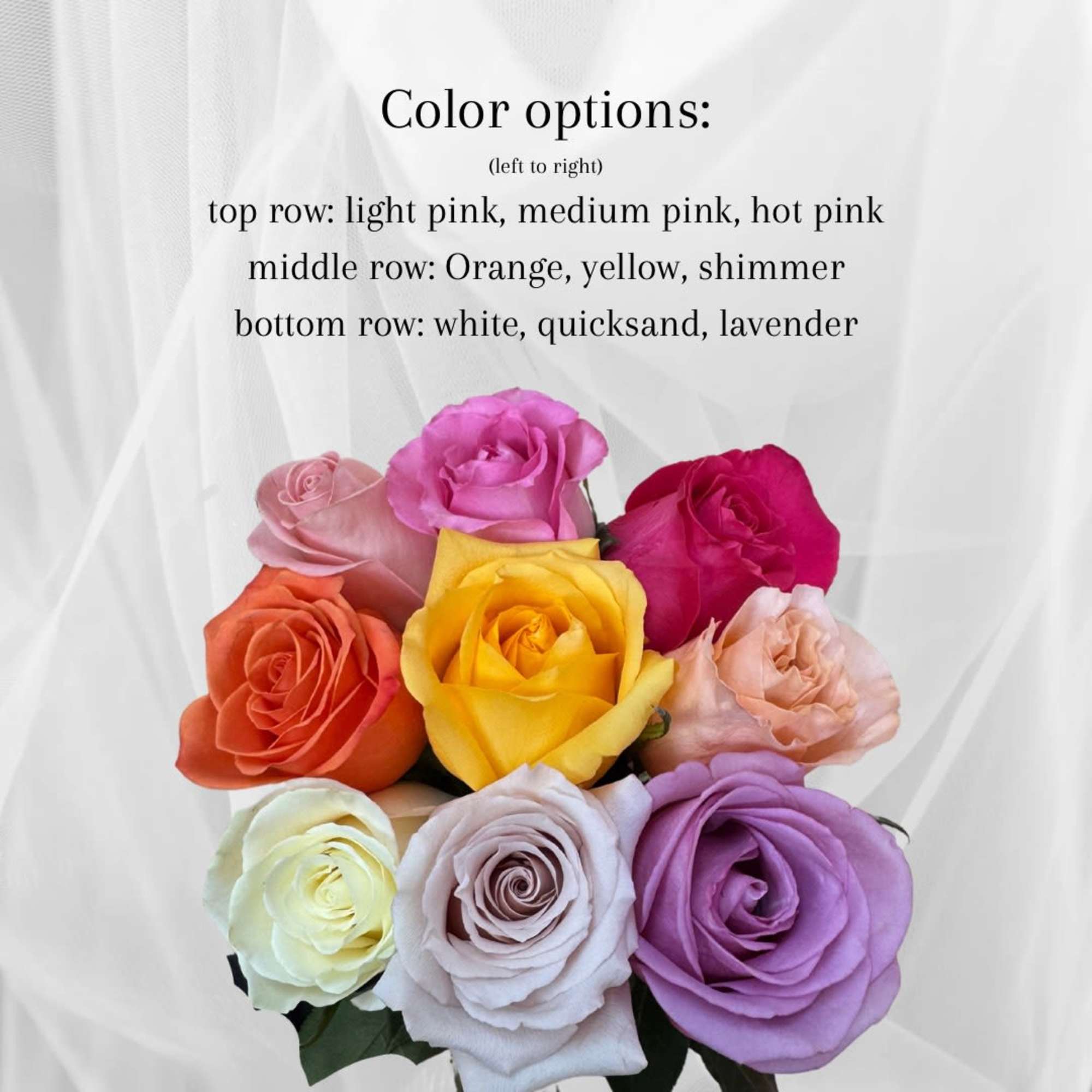 24 rose handheld bouquet with filler wrapped in wax wrap. 
Rose color