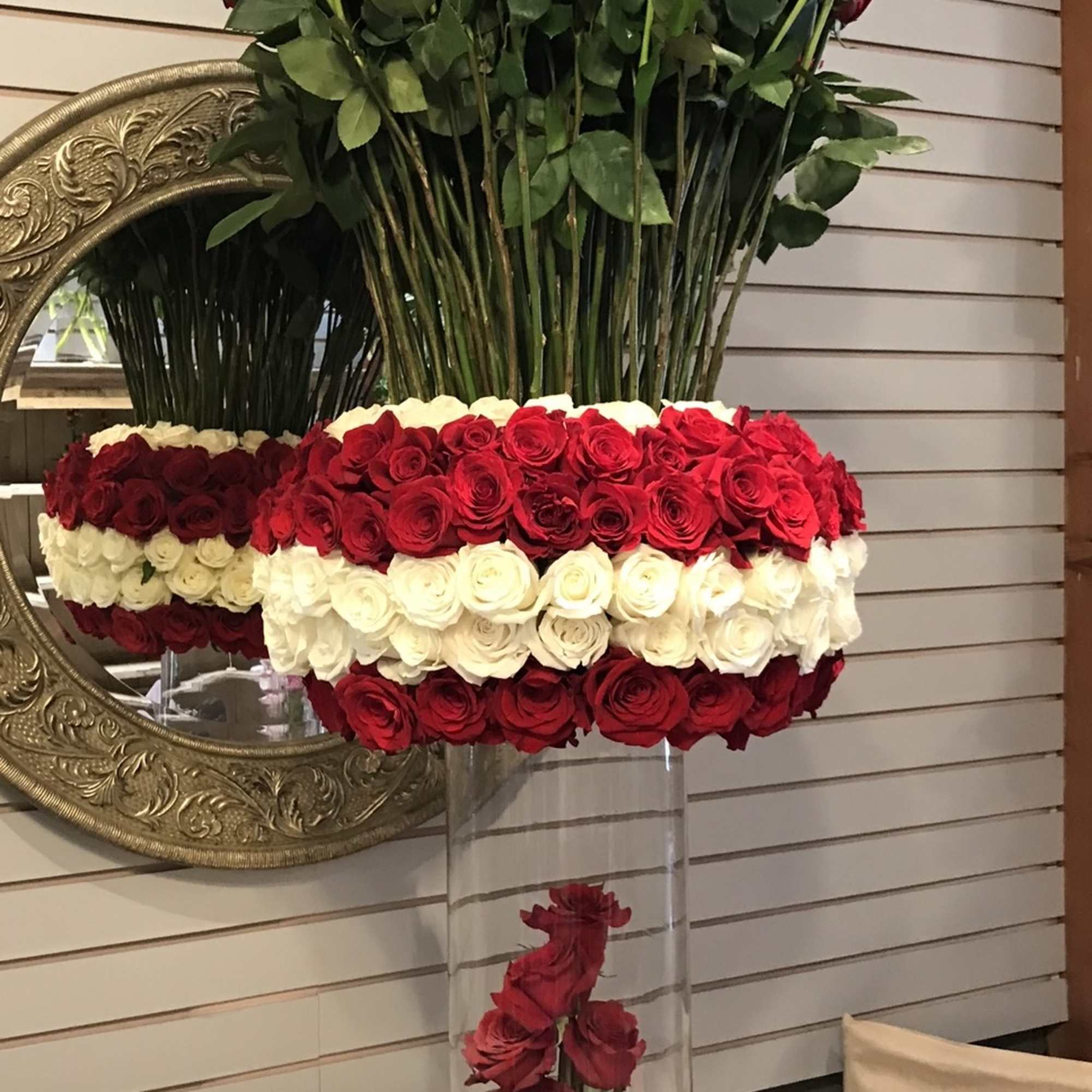Flower : 150 red Ecuadorian roses in a tall cylinder glass vase