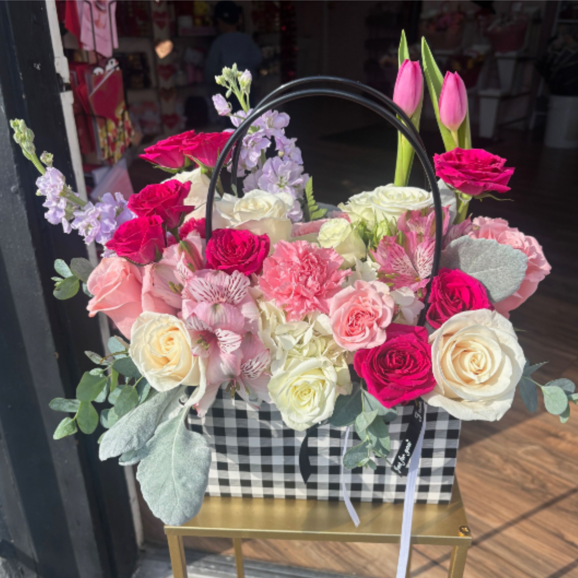Super Fun Tote of flowers, modern style arrangement with all the elements