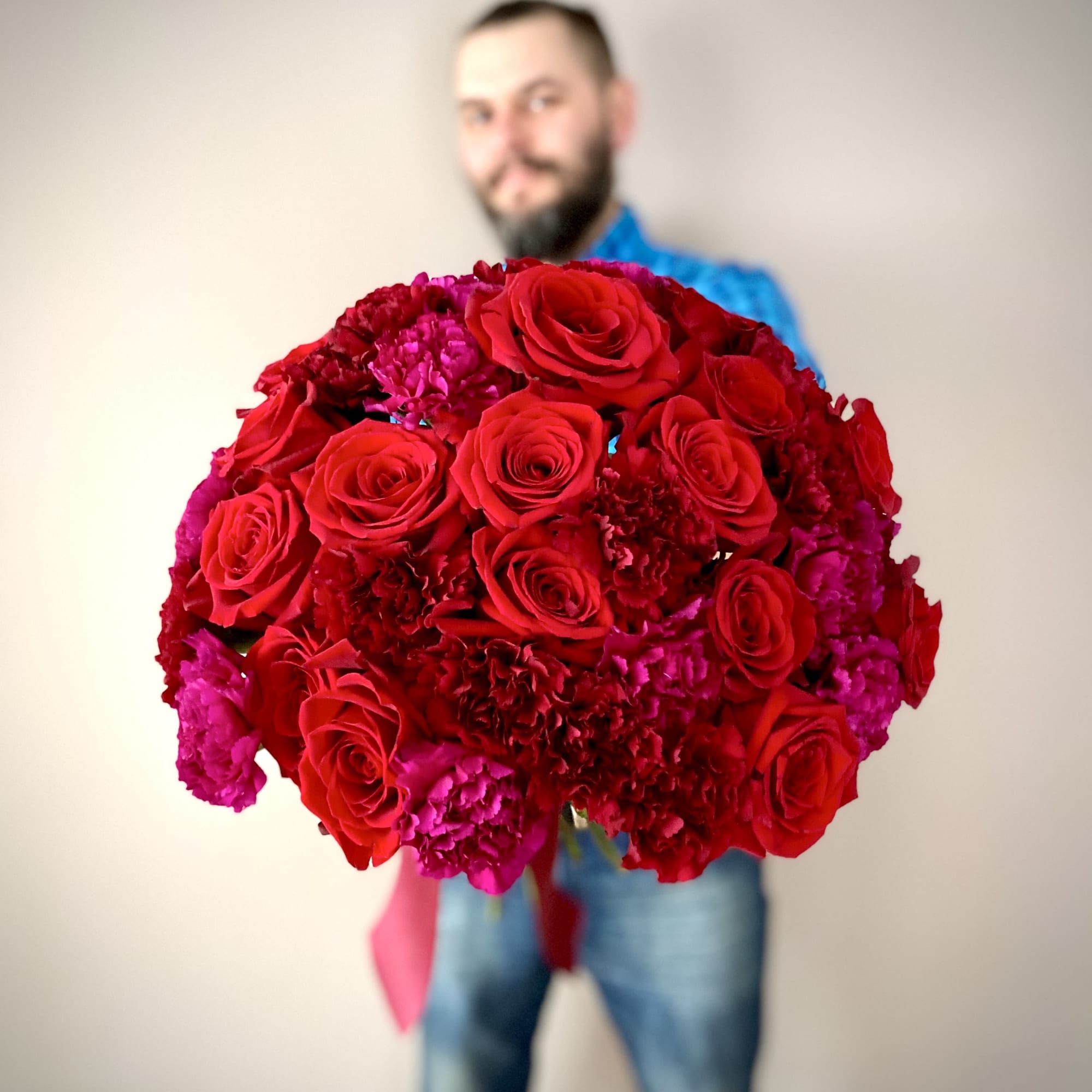 Lush, elegant, and unique bouquet will definitely make Her smile! 
The red