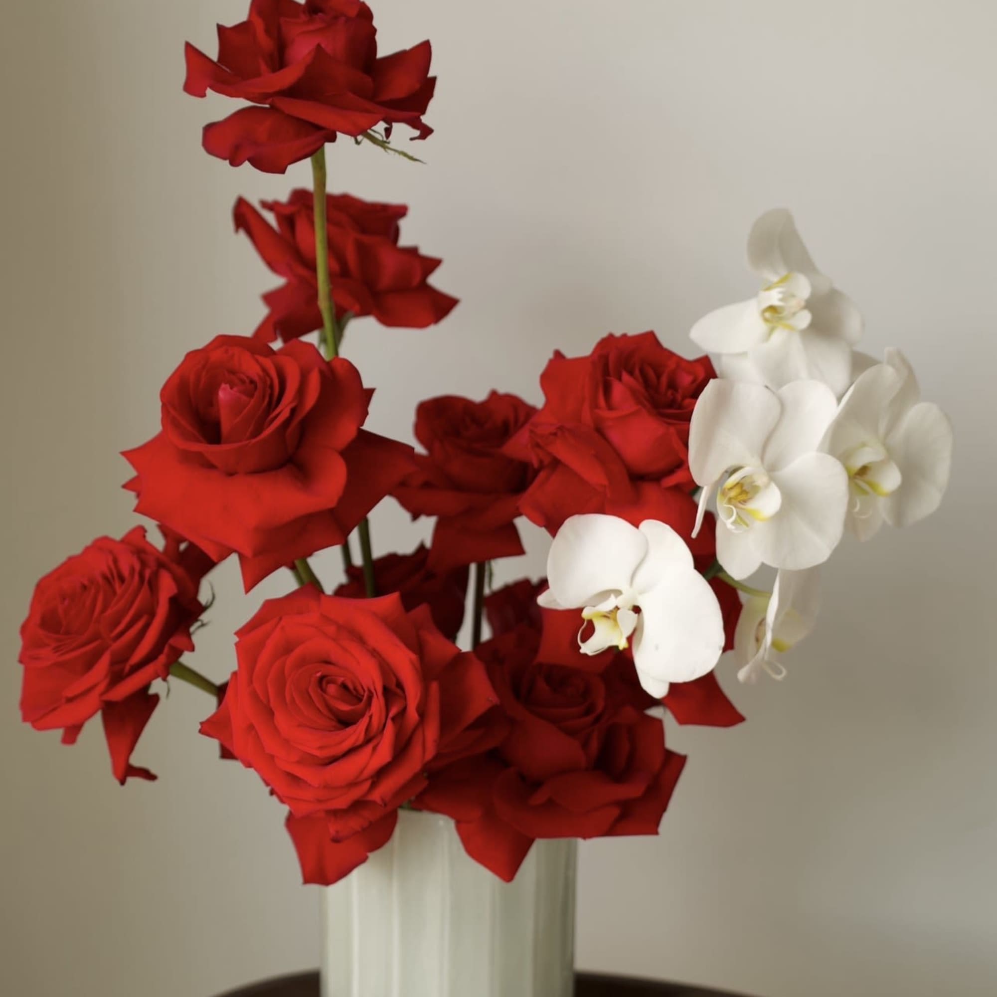 A bold and elegant arrangement featuring sculptural red roses accented with pristine