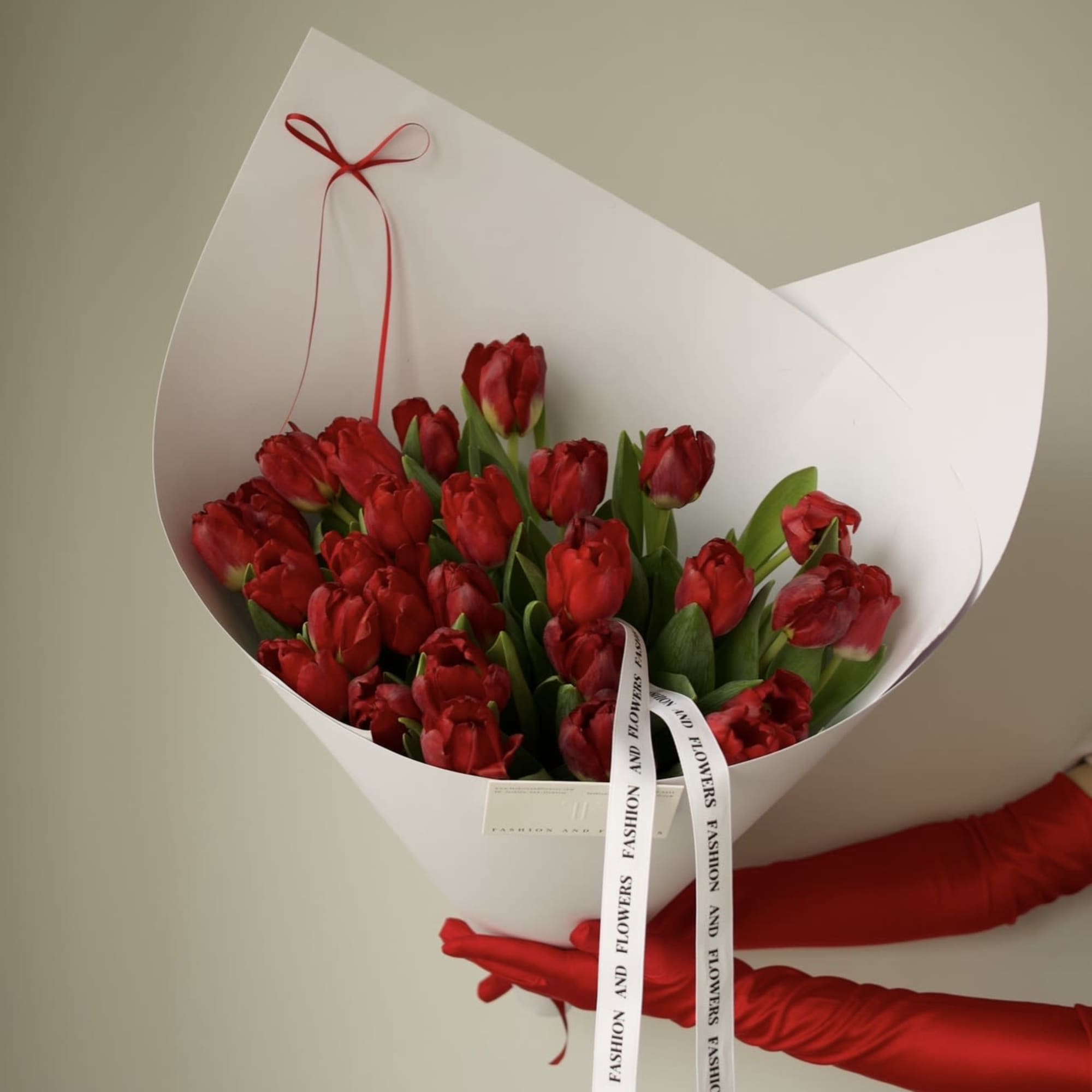 Minimalist bouquet of fresh red tulips, wrapped in clean white paper with