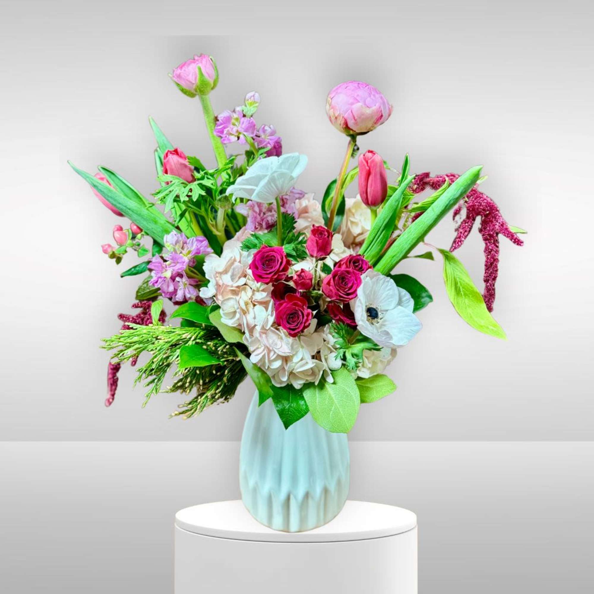 Recipe: Hydrangaes, Ranunculus, Anenomes, Spray Roses, Tulips, Amaranthus, and Stock in a