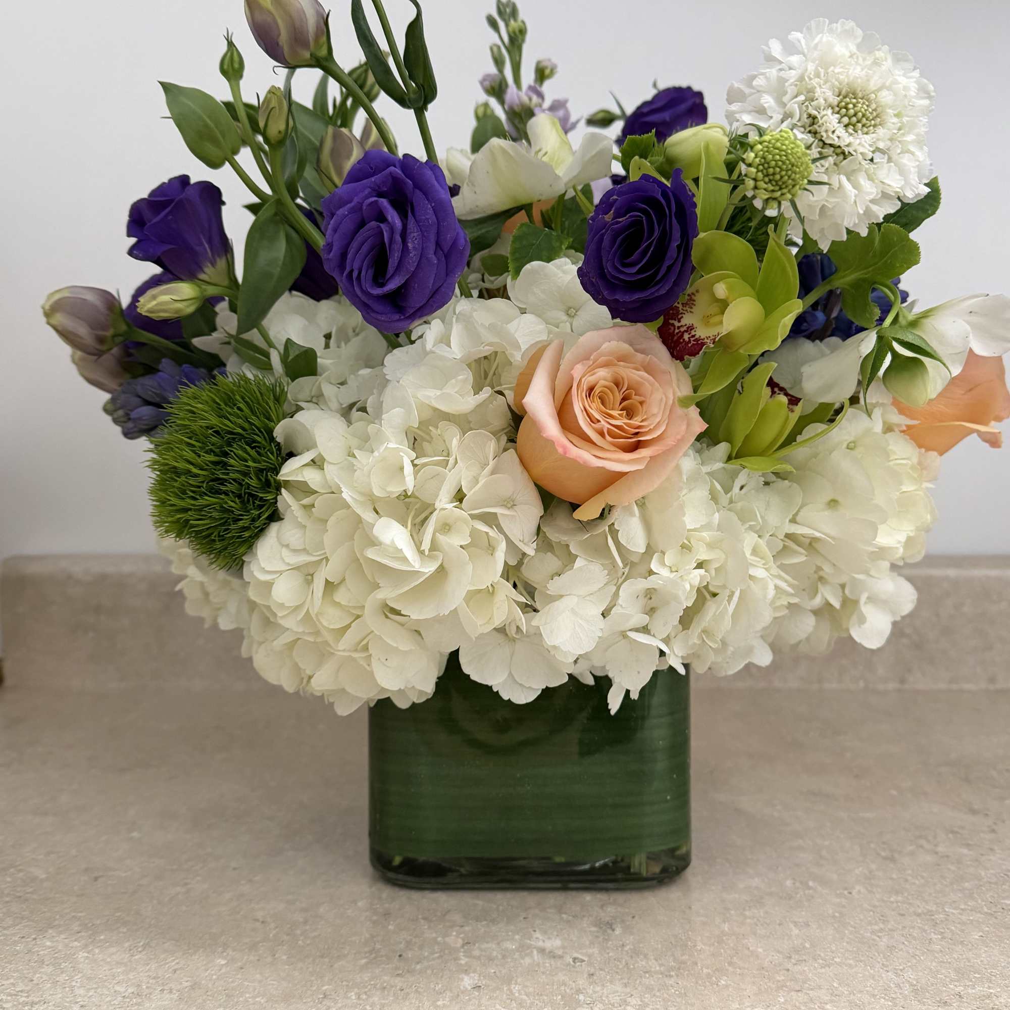 lush mix with lisianthus, scabious, Helleborus, dianthus, green trick, white hydrangea