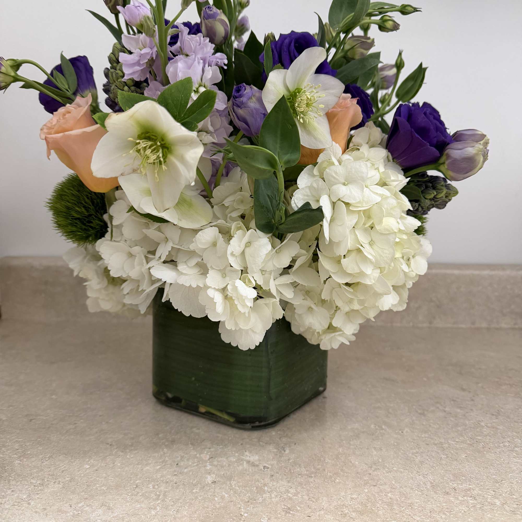 lush mix with lisianthus, scabious, Helleborus, dianthus, green trick, white hydrangea