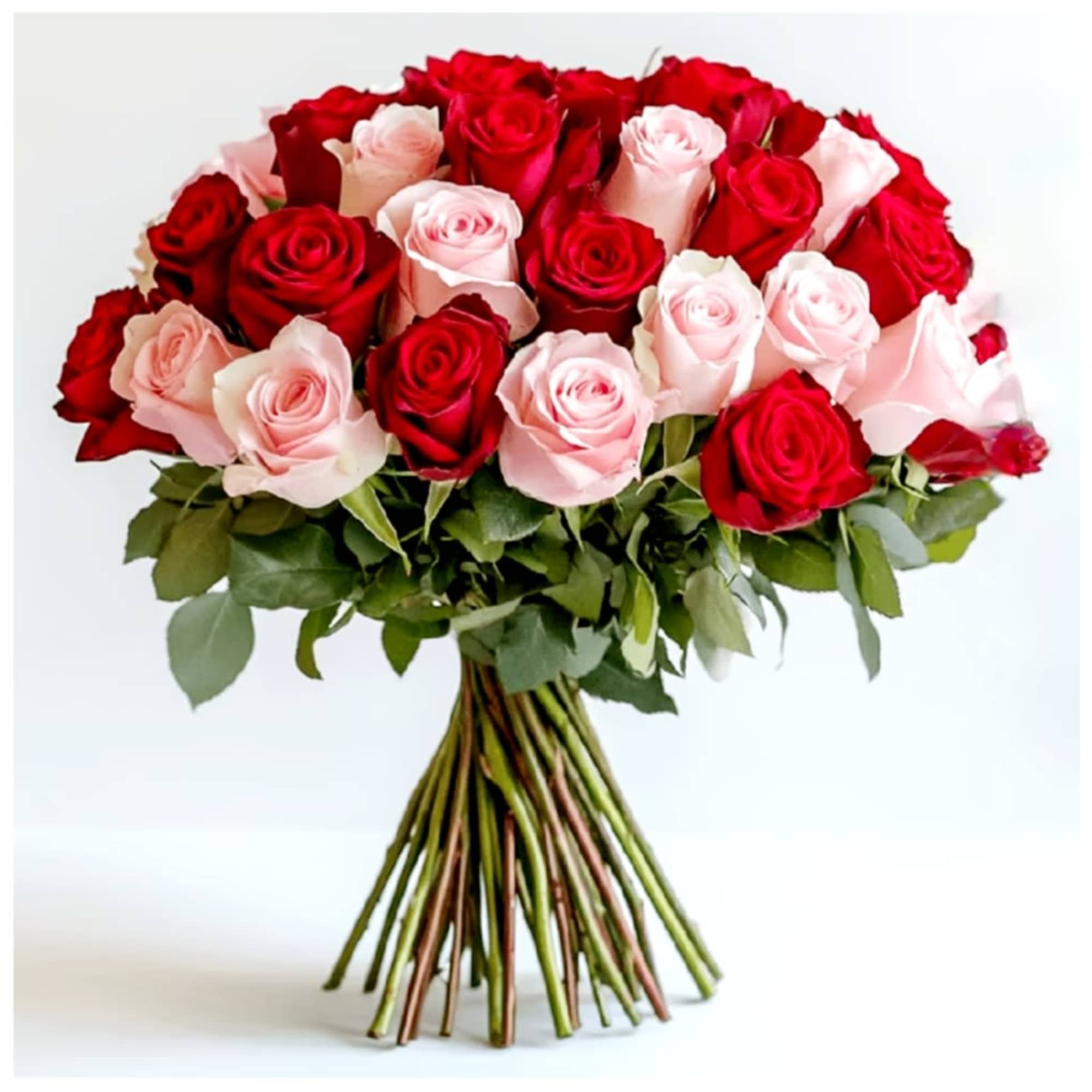This arrangement features red, pink, and light pink roses gathered in a