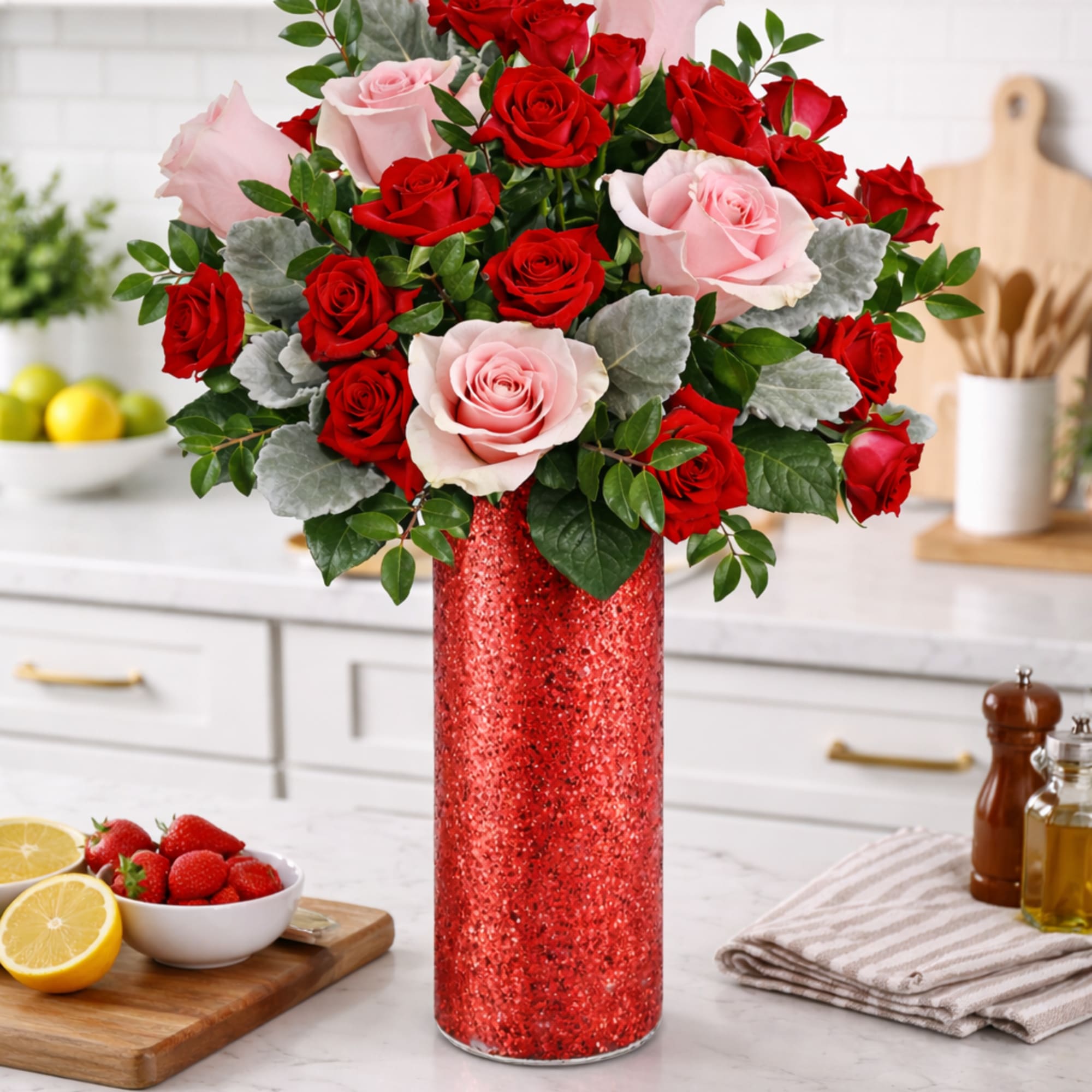 Red &amp; Blush Rose Arrangement in a Red Glitter Vase

This striking rose